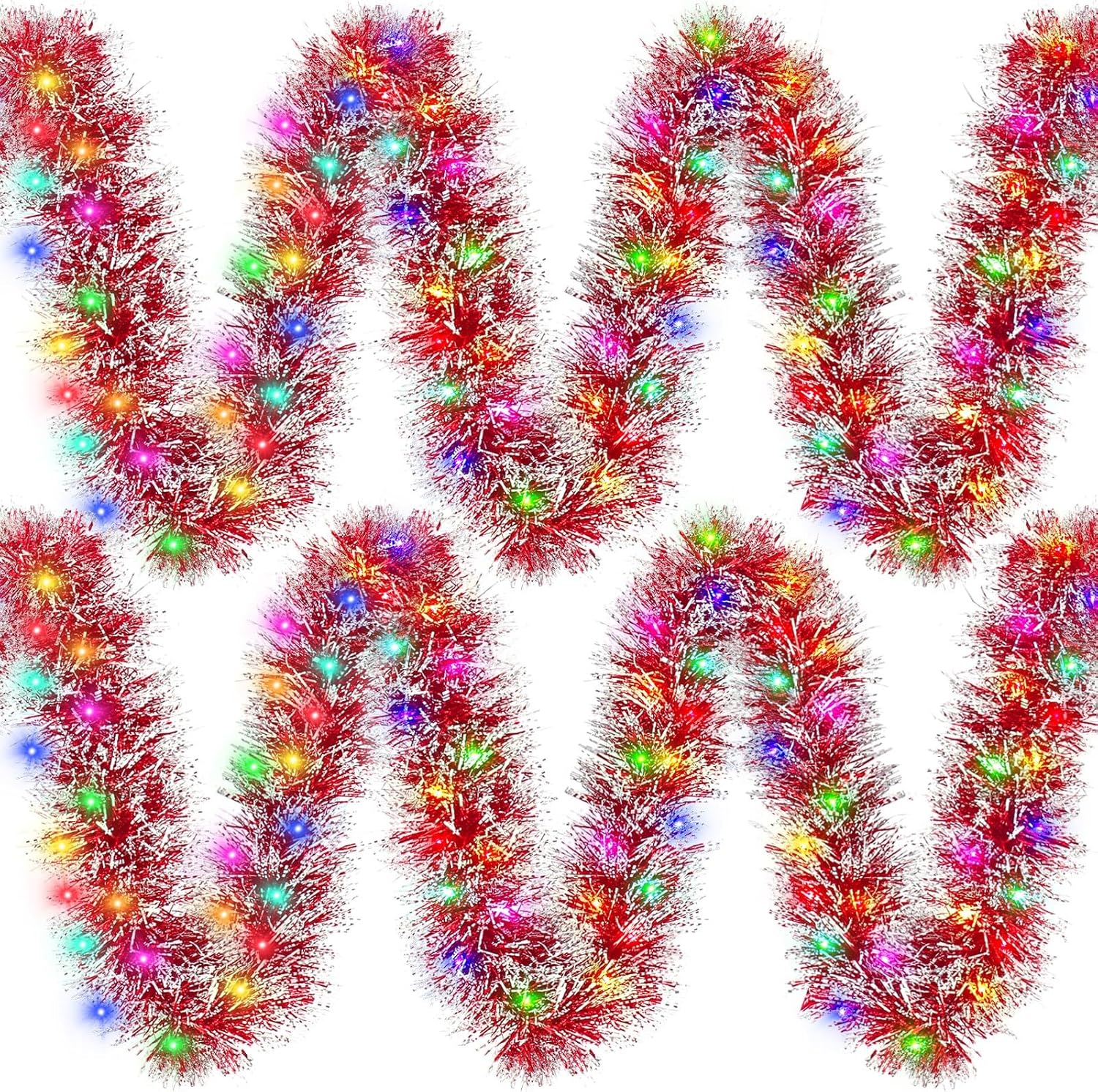 Liliful Guirnalda de oropel preiluminada de 100 pies con 300 luces LED 2024, guirnalda metálica colgante de papel de aluminio con luces multicolor