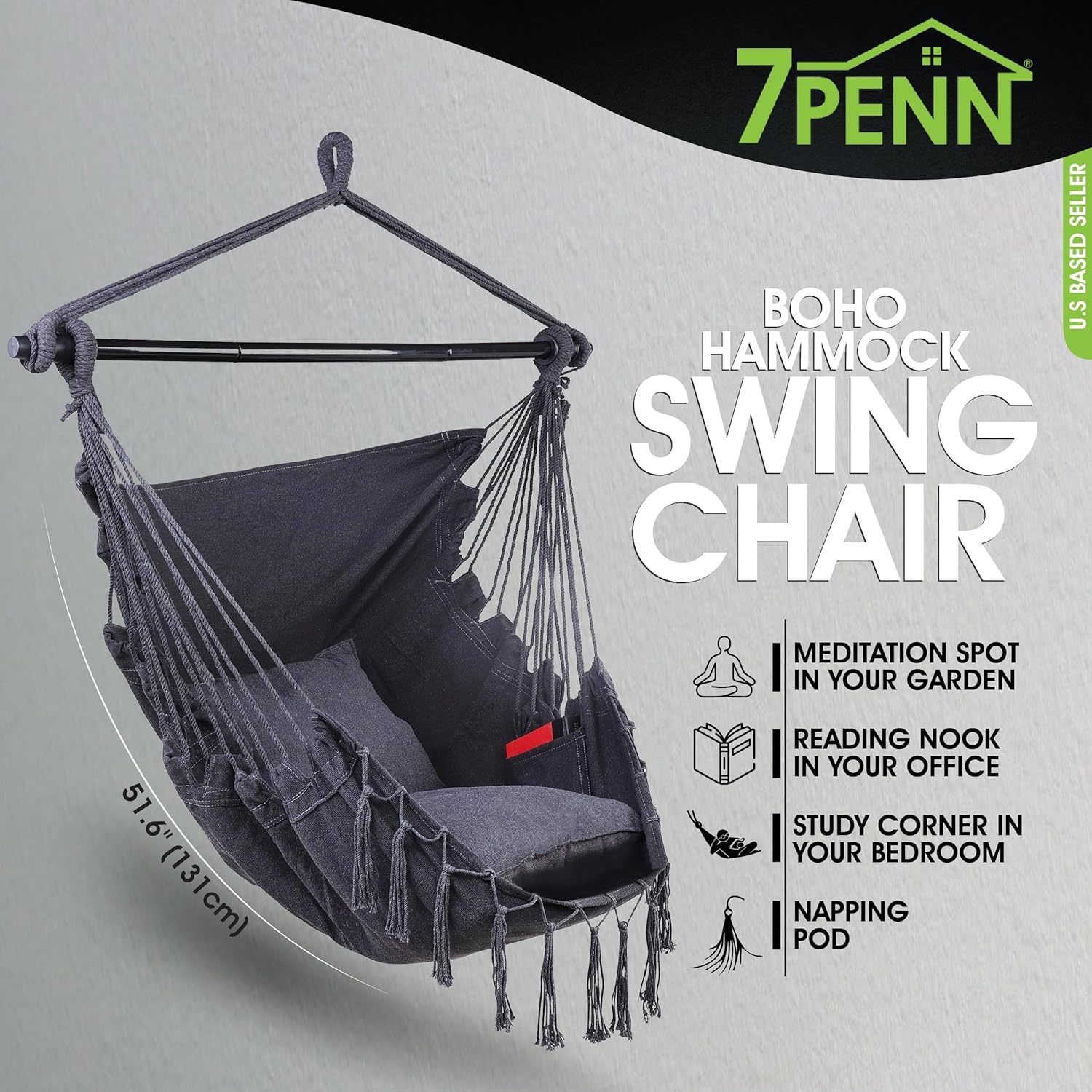 7Penn Silla hamaca colgante con cuerda  Capacidad de 440 libras, de algodón negro, para interiores y exteriores, estilo bohemio, macramé, silla