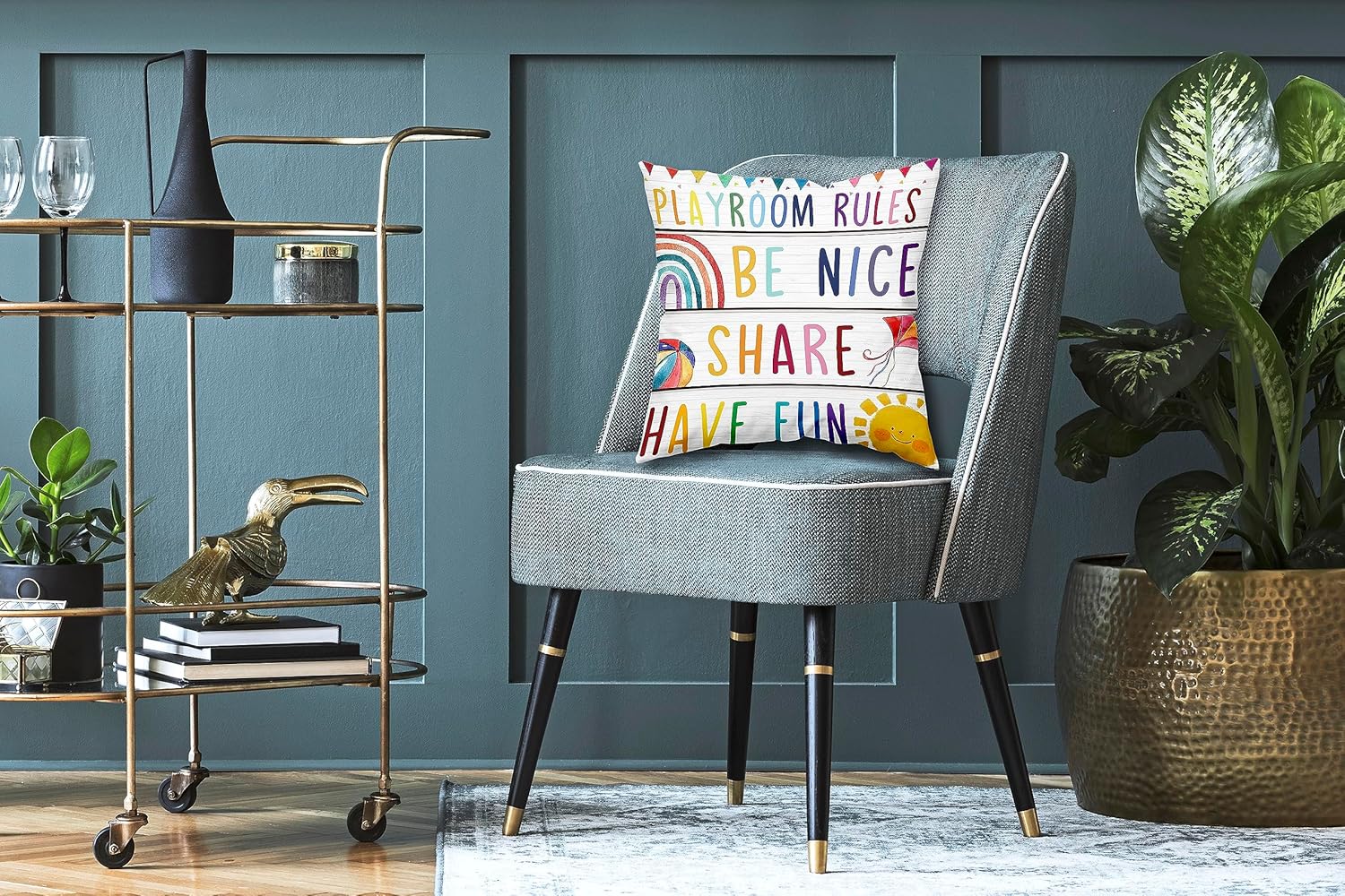 Letrero de sala de juegos para niños, fundas de almohada decorativas para sala de juegos, reglas de sala de juegos, citas, letrero con texto en