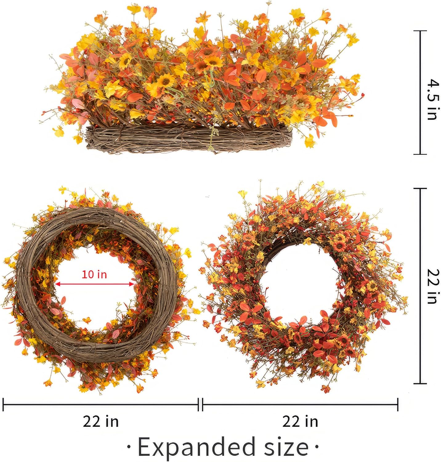 Corona de otoño de 22 pulgadas para puerta delantera, corona de otoño artificial de eucalipto naranja con margaritas jazmín, corona de otoño para