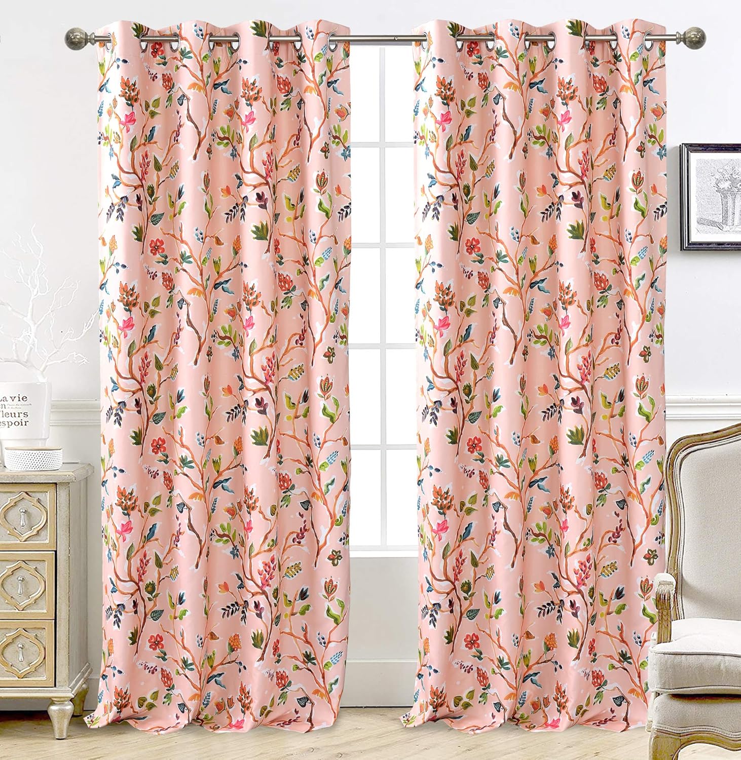 DriftAway Lauren – Cortina opaca con ojales para ventana, diseño de árbol de acuarela colorido, ahorro de energía, con aislamiento térmico, 2