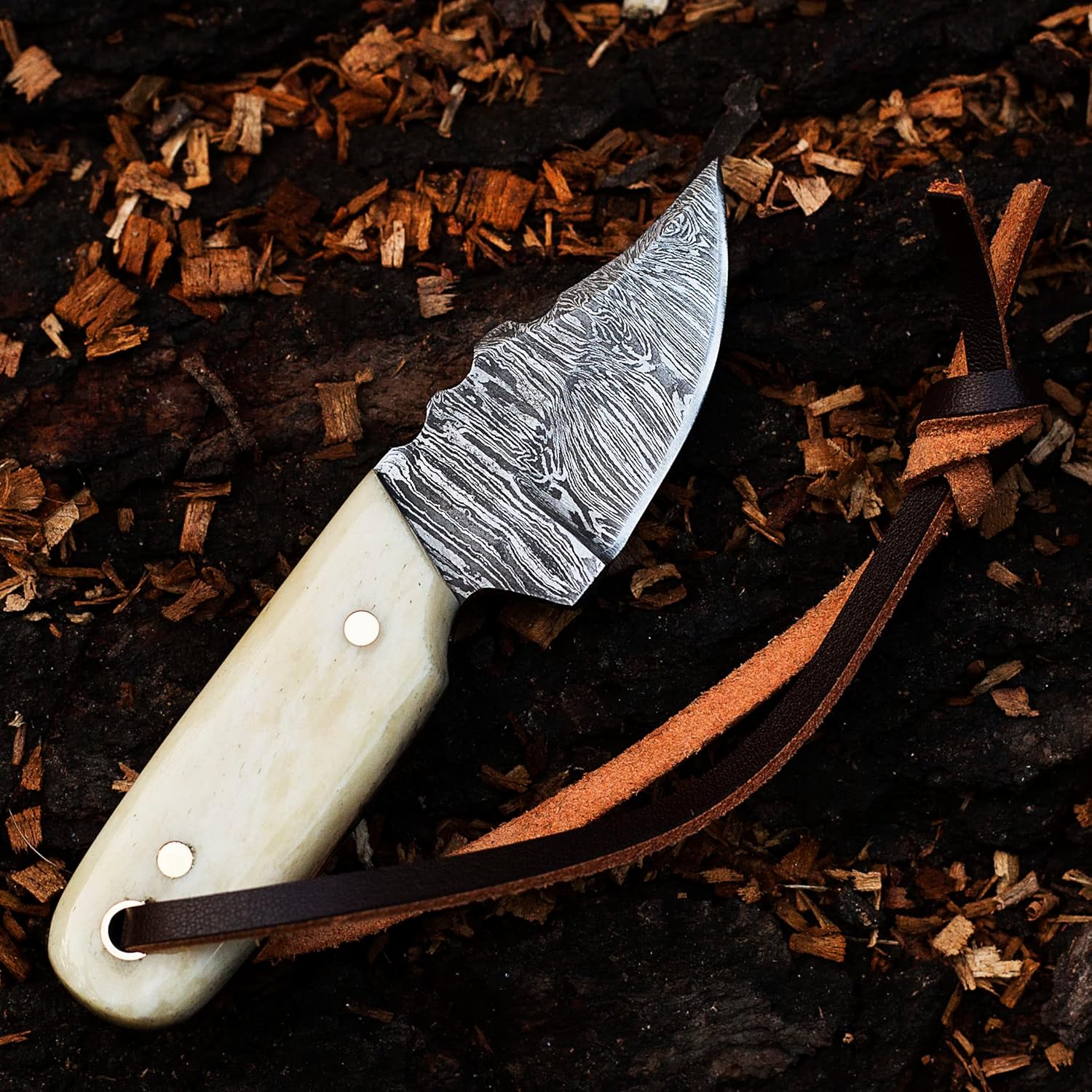 MEDIEVAL SUPPLIES Cuchillo EDC de acero de Damasco de 4.5 pulgadas, hoja fija mini para desollar, supervivencia, camping y entusiastas del aire