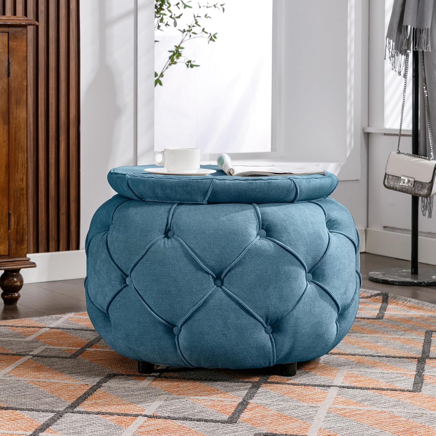 Taburete grande tejido con botones y reposapiés, otomana redonda de almacenamiento, mesa auxiliar pequeña de arpillera, silla de maquillaje, asiento