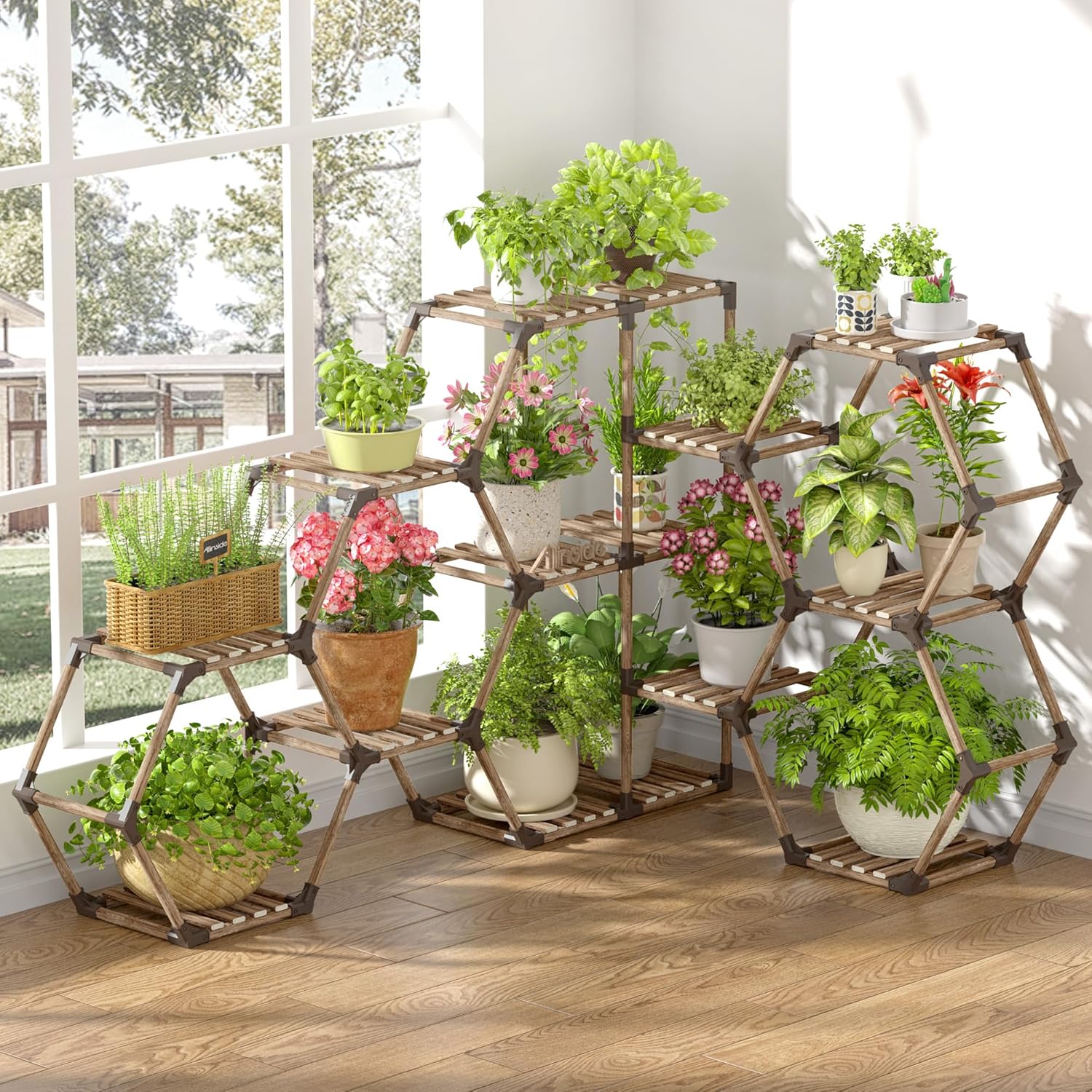 Allinside Soporte de esquina para plantas de interior, estante de esquina de 12 niveles para exteriores, soporte de madera para múltiples plantas,