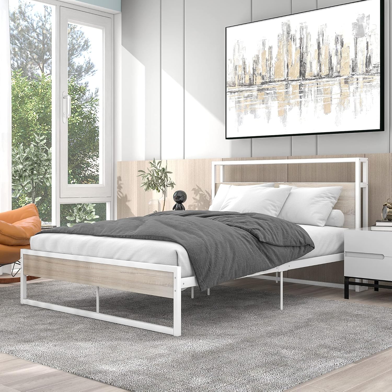 Ucloveria Base de cama de tamaño matrimonial con cabecera y estante de almacenamiento de 2 niveles, marco de cama moderno de metal y madera con