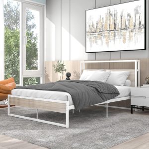 Ucloveria Base de cama de tamaño matrimonial con cabecera y estante de almacenamiento de 2 niveles, marco de cama moderno de metal y madera con Ucloveria Base de cama de tamaño matrimonial con cabecera y estante de almacenamiento de 2 niveles, marco de cama moderno de metal y madera con