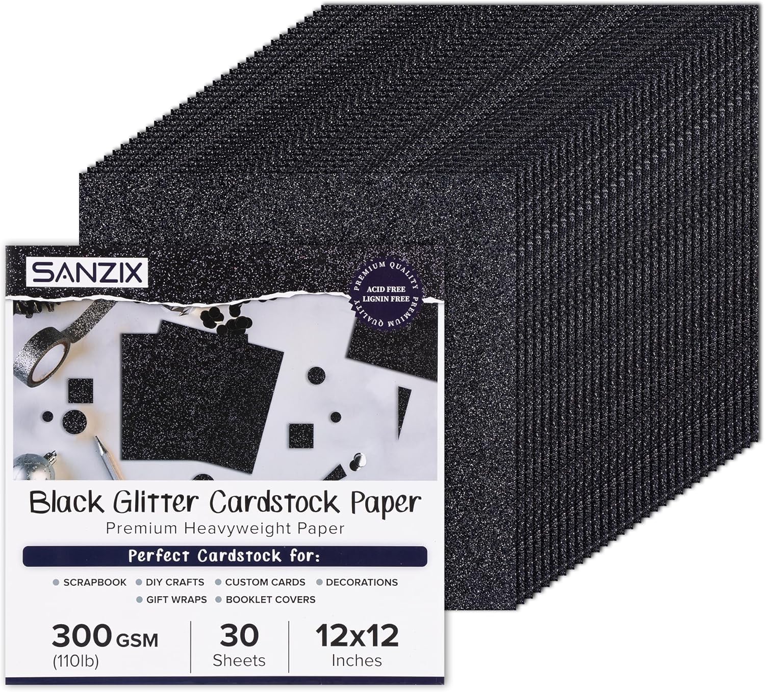 SANZIX Cartulina negra con purpurina de 12 x 12 pulgadas, 30 hojas, 1 color, 110 libras, 300 GSM, cartulina de papel con purpurina para Cricut,