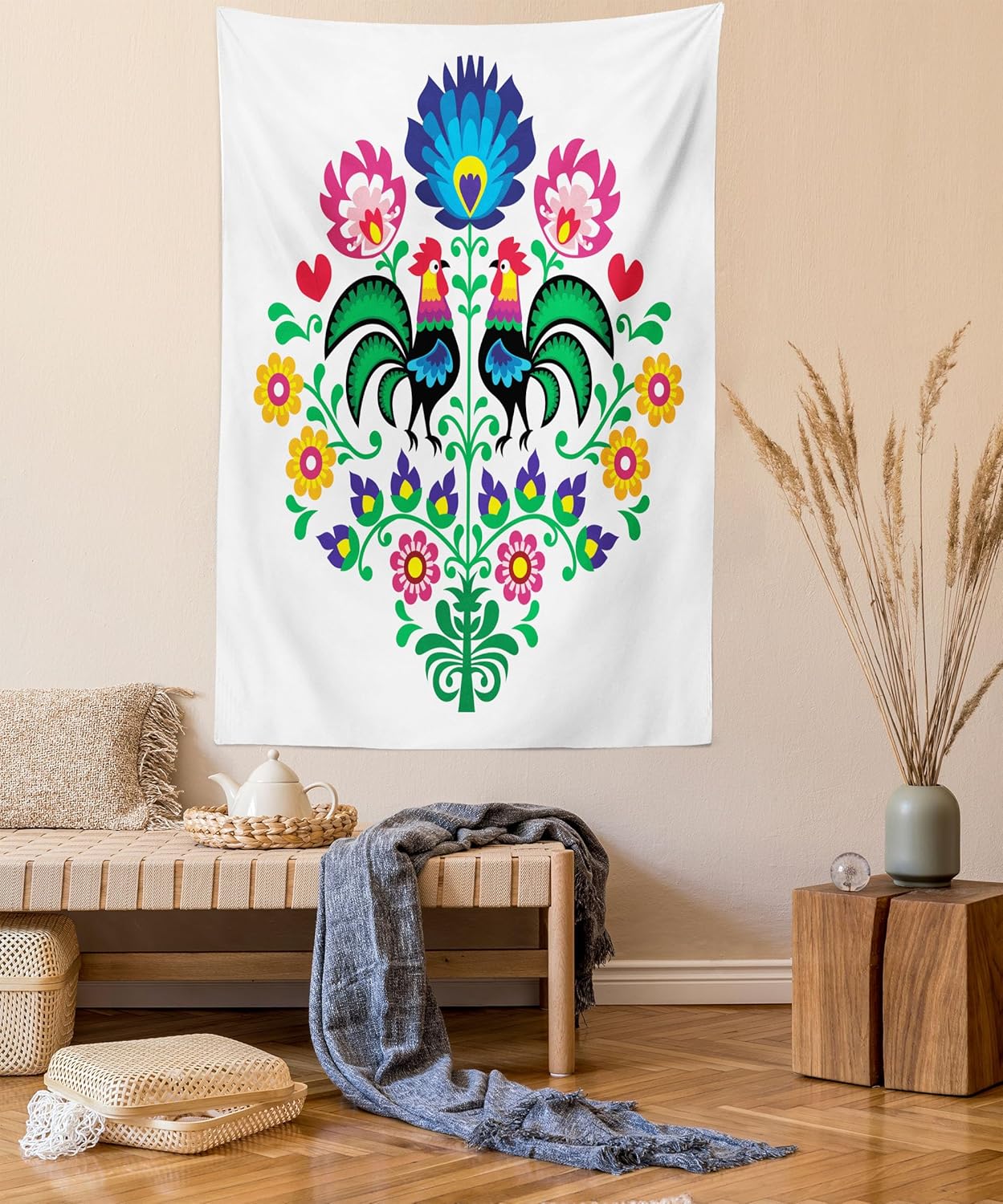 Lunarable Tapiz Gallus, patrón pulido con gallos para jardín, feliz moda, celebración, primavera, eslava, Polonia, decoración para colgar en la