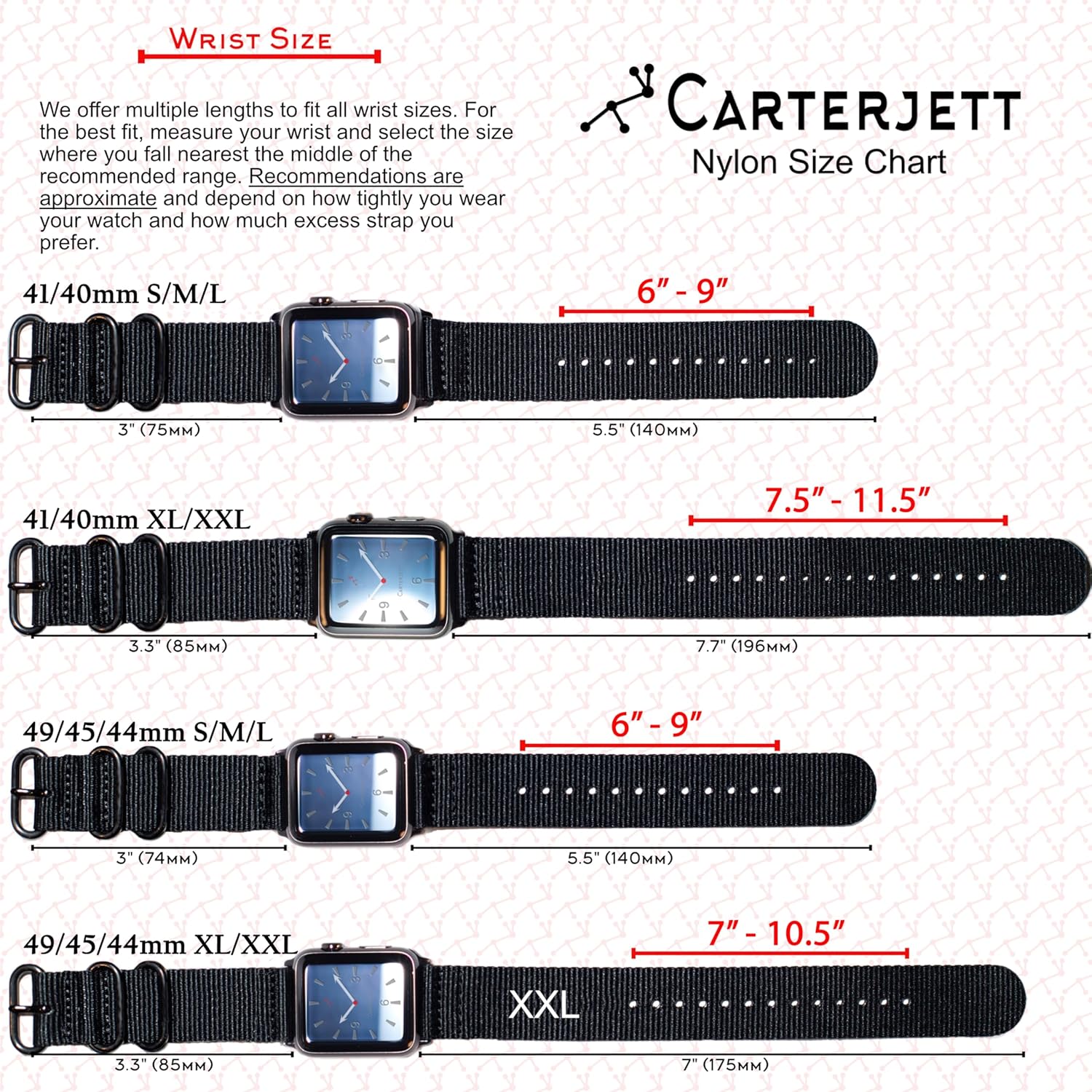 Carterjett – Correa para Apple Watch 1.732pulgadas, 1.654pulgadas, 1.575pulgadas, 1.496pulgadas, nailon NATO, correas iWatch, mujeres y hombres, 12