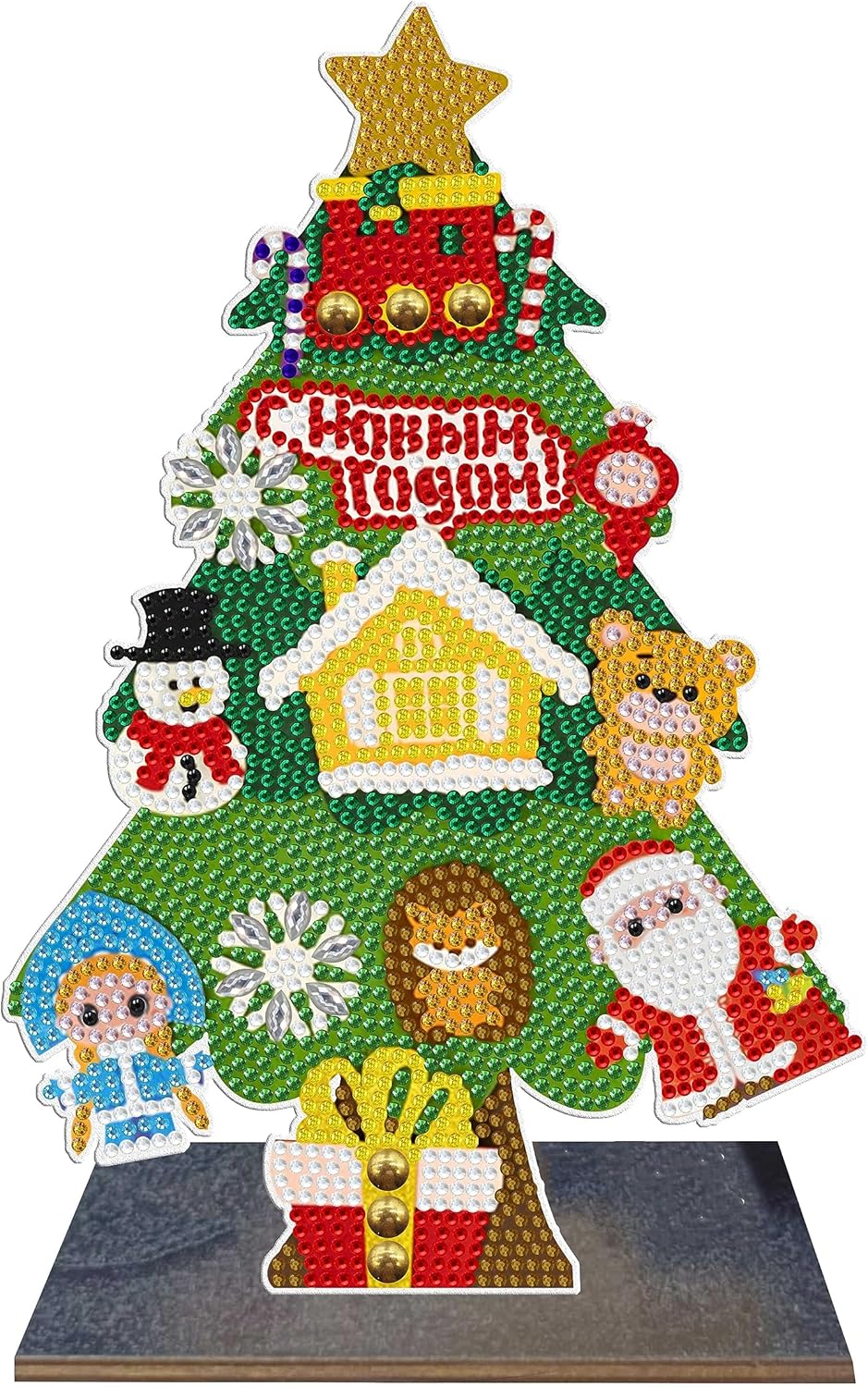 LUSandy Kit de adornos de pintura de diamantes de Navidad 5D, diamantes de imitación de cristal con forma especial de madera, lindo árbol de