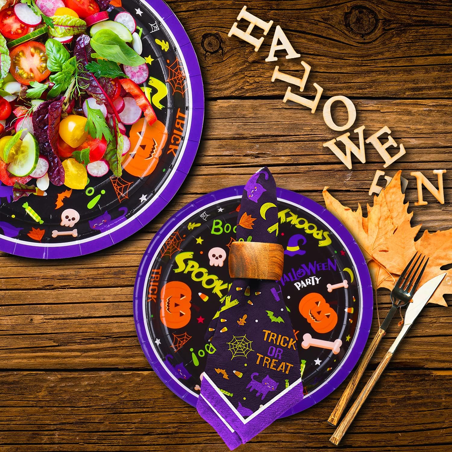 Gatherfun Suministros de fiesta de Halloween, platos de papel desechables, servilletas para decoraciones espeluznantes de fiesta de Halloween,