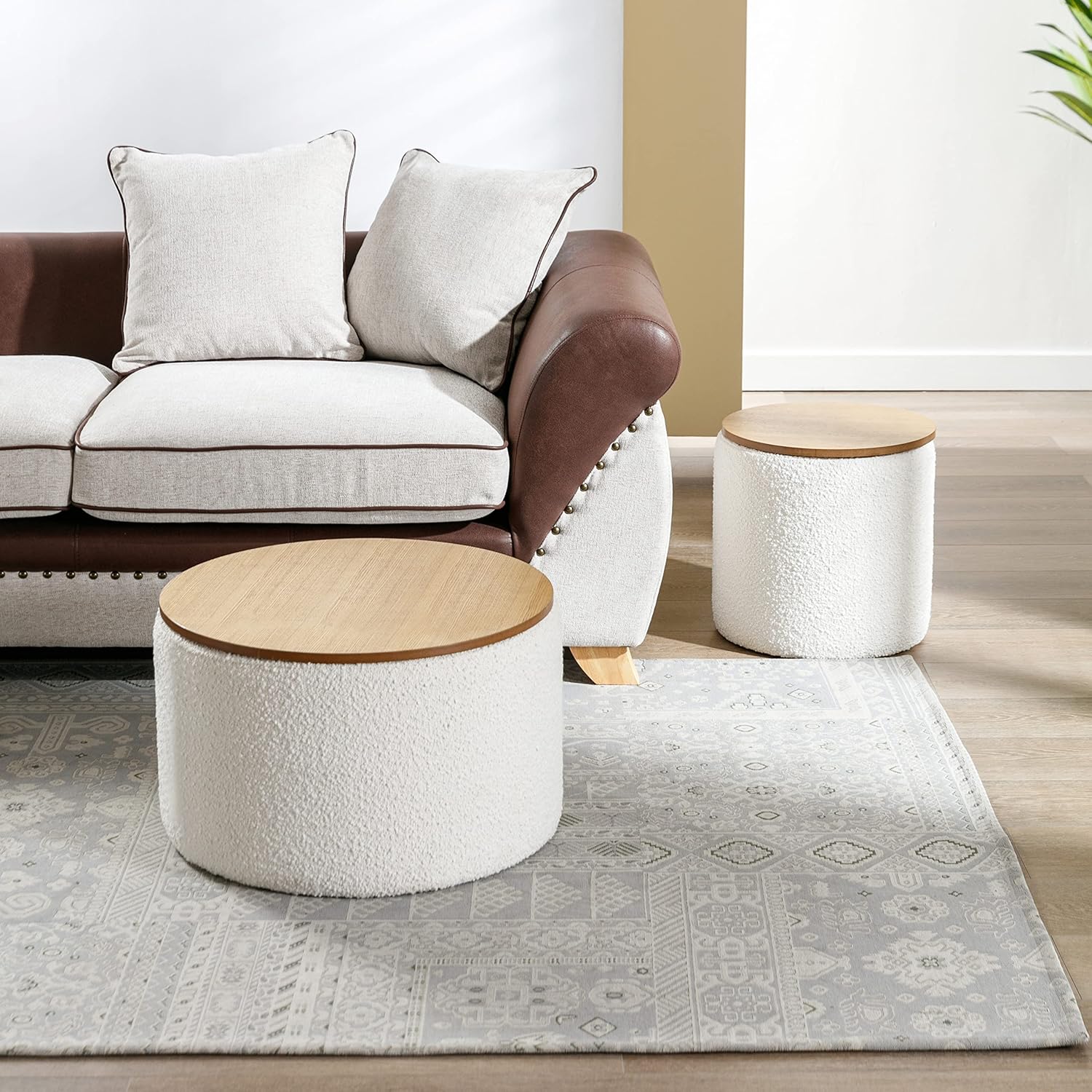 Zibeths Otomana de almacenamiento, otomana con almacenamiento para sala de estar, reposapiés Farbic Beige Boucle, mesa auxiliar con tapa de madera,