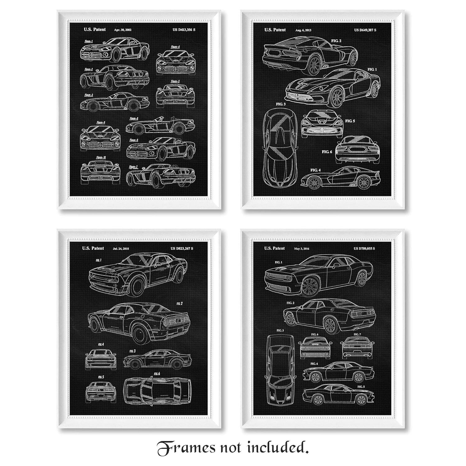 Vintage Dodge Viper Hellcat Demon Auto Patent Prints, 4 (8×10) Unframed Photos, Wall Art Decor Gifts Under 20 for Home Office Man Cave Engine Garage