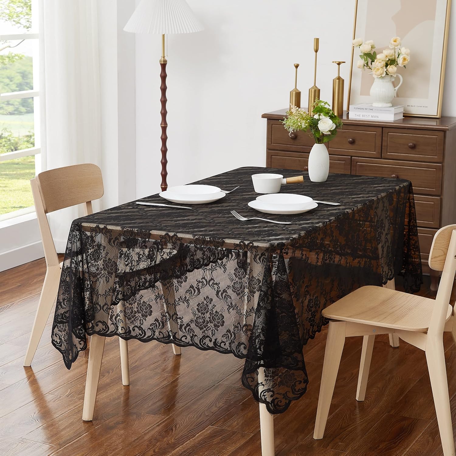 WARM HOME DESIGNS Tela de encaje negro de 60 pulgadas de ancho por 5 yardas de largo. Tela negra para vestido de encaje, mantel de encaje, camino de