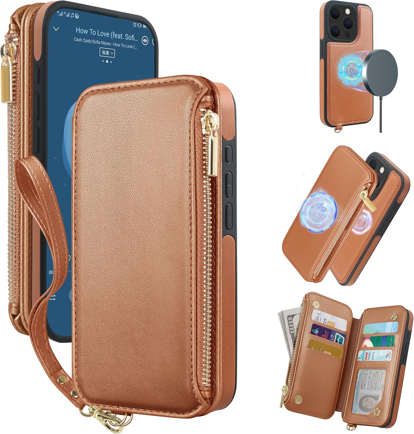CIVICASE Funda con cremallera para iPhone 15 Pro Max, funda tipo cartera 2 en 1 magnética desmontable, protección para tarjetas RFID, 6 ranuras para
