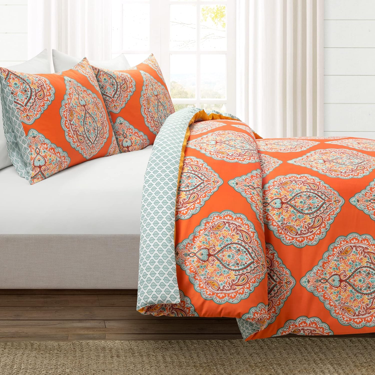 Lush Decor Harley – Juego de funda de edredón reversible de algodón, juego de 3 piezas, King, mandarina, juego de ropa de cama bohemio, funda de