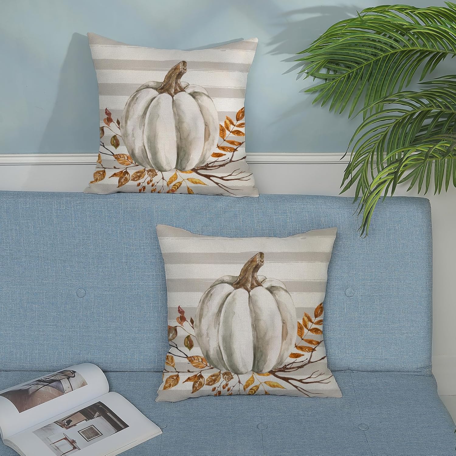 Juego de 2 fundas de almohada de otoño de 16 x 16 pulgadas, diseño de calabaza a rayas grises para sofá, hojas de arce, cosecha de otoño, interiores