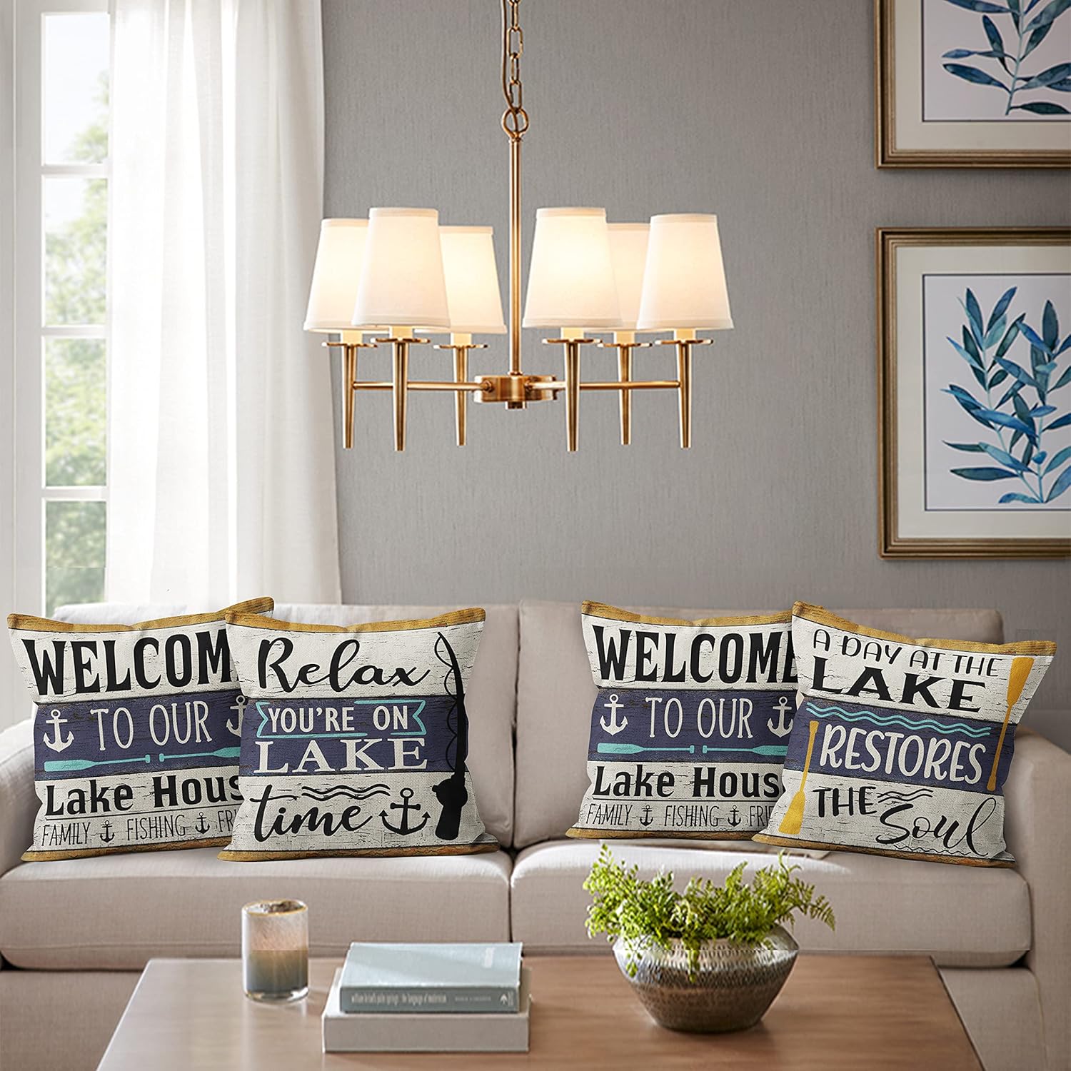 Relax You’re On Lake Time, juego de 4 fundas de almohada, decoración de paleta de lago, decoración de casa de lago, fundas de almohada para sofá