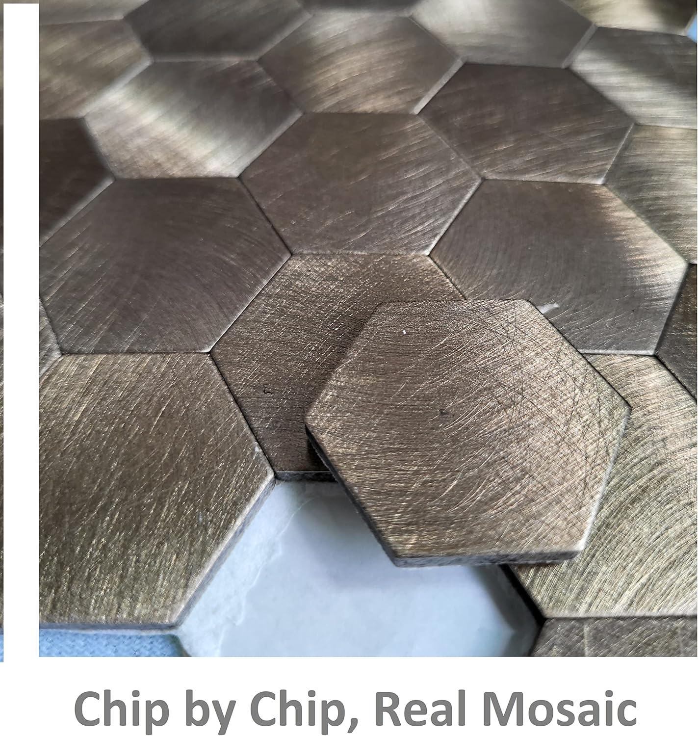 Decopus Protector contra salpicaduras de azulejos con aspecto antiguo, (5 unidades de bronce hexagonal) de cobre para despegar y pegar, modelado de