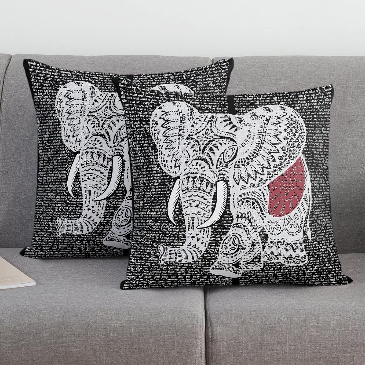 Fundas de almohada de elefante bohemio blanco vintage, funda de almohada de elefante bohemio sobre fondo de periódico negro, funda de almohada