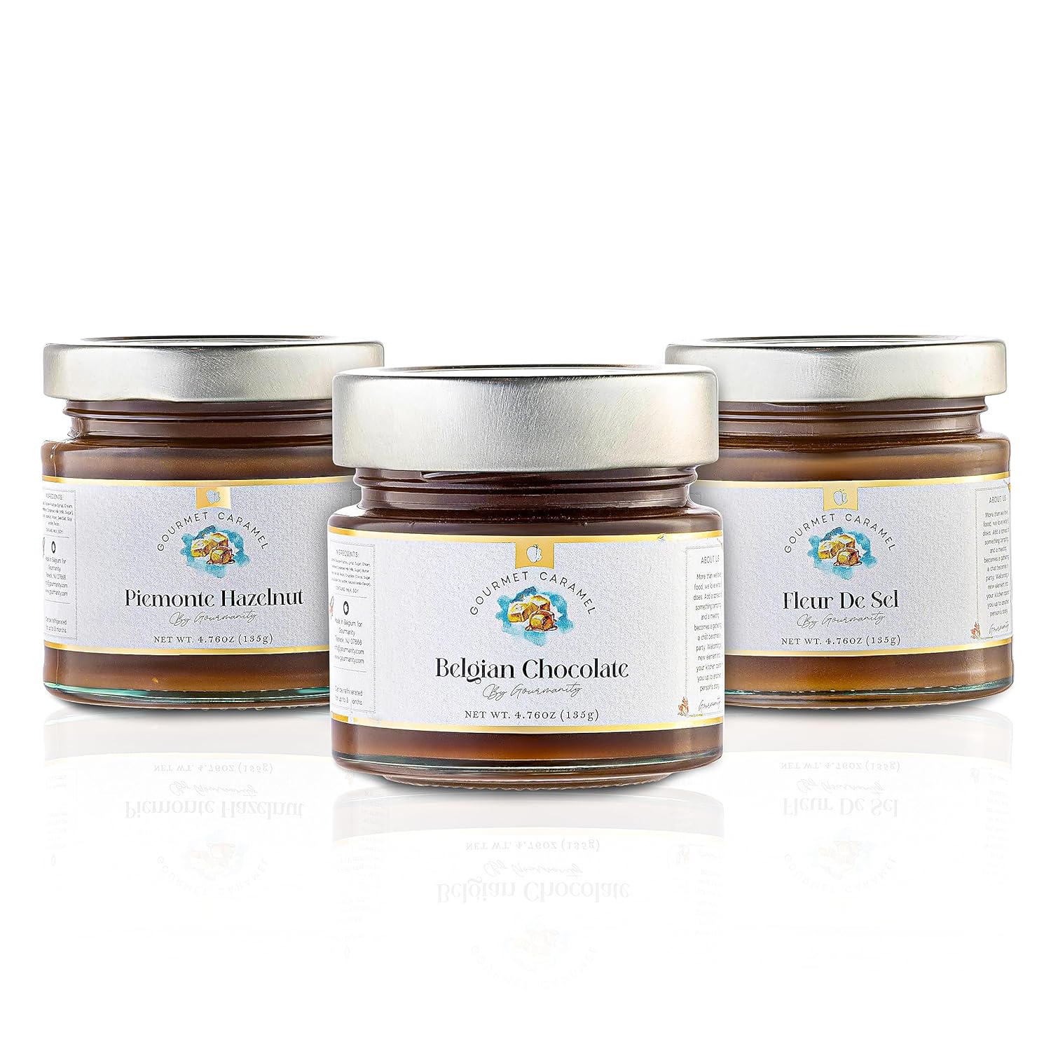 Gourmanity Juego de regalo de salsa de caramelo, auténtico caramelo salado, caramelo de avellana y chocolate belga, ingredientes para pasteles y