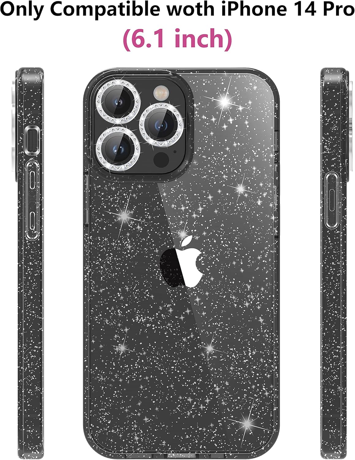 Diseño de funda con purpurina para iPhone 14 Pro con 2 unidades protector de pantalla y paquete de 3 protector de lente de cámara, funda de