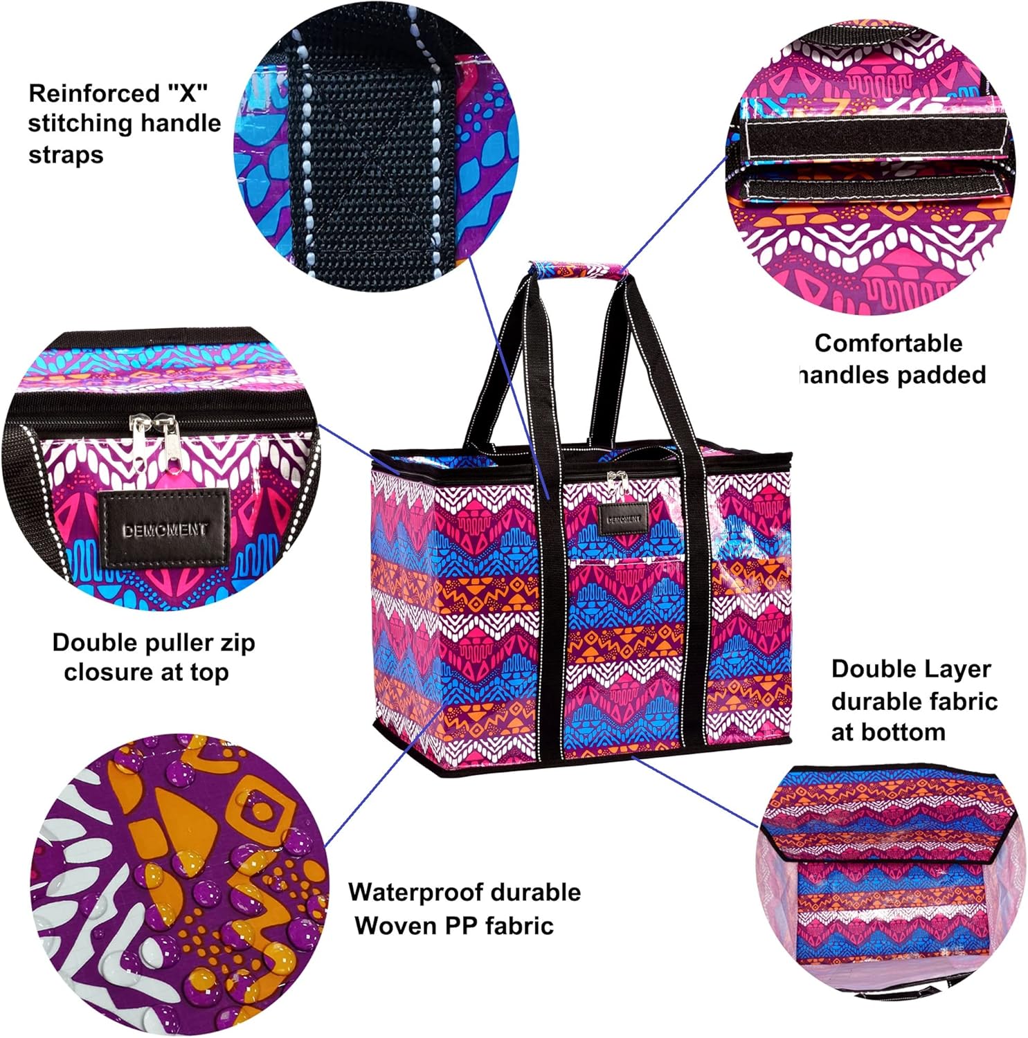 DEMOMENT Bolsa de asas de compras duradera reutilizable con bolsillos para cocina, supermercado, camping, playa, almacenamiento