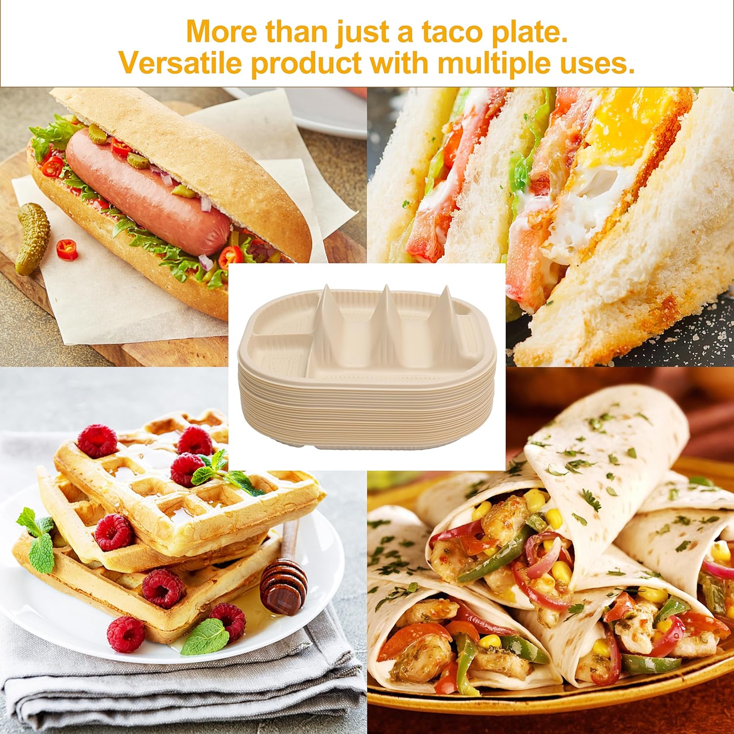 50 platos desechables pequeños para tacos para fiestas, soportes para tacos de almidón de maíz con 2 áreas de inmersión, capacidad para 2 tacos,
