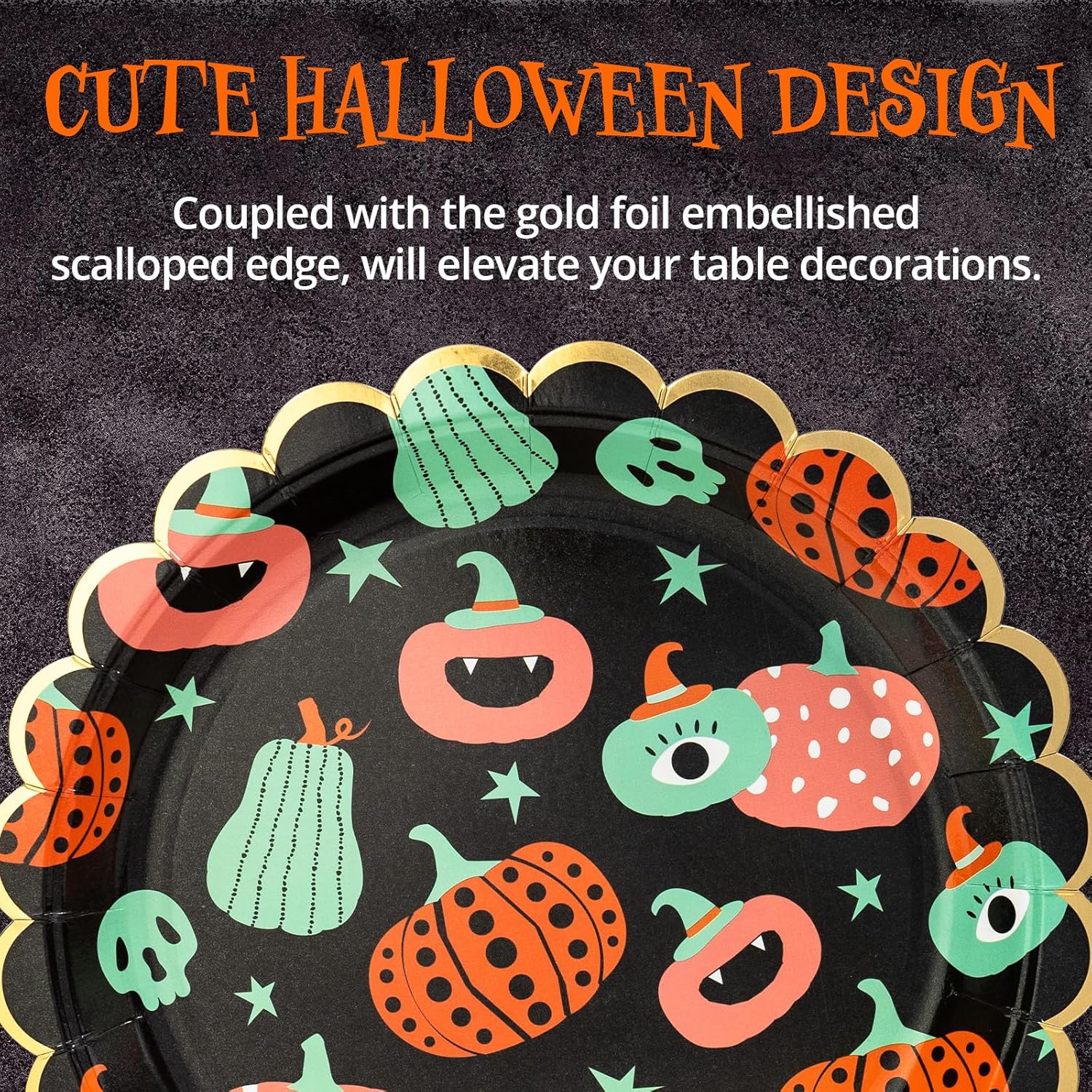 Platos de papel de Halloween, 50 platos desechables para cena de Halloween, festoneados, suministros de fiesta, calabazas funky, negro