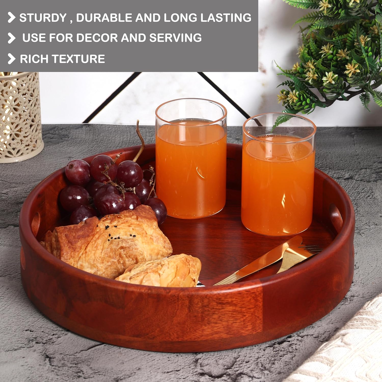 LAVAUK Bandeja redonda de madera de mango de 12 pulgadas con asas, bandeja de madera con acabado de caoba para aperitivos, café, té, barbacoa o