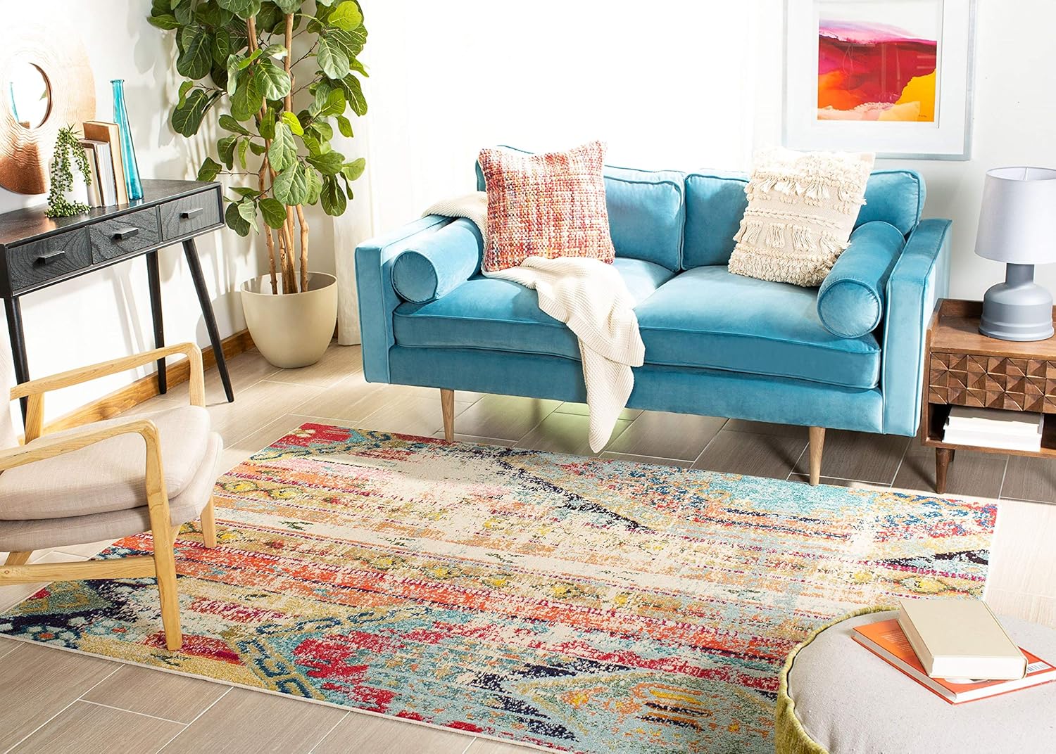 SAFAVIEH Madison Collection – Alfombra decorativa de 4 x 6 pies, color azul y naranja, diseño tribal bohemio chic envejecido, no desprende pelusa y