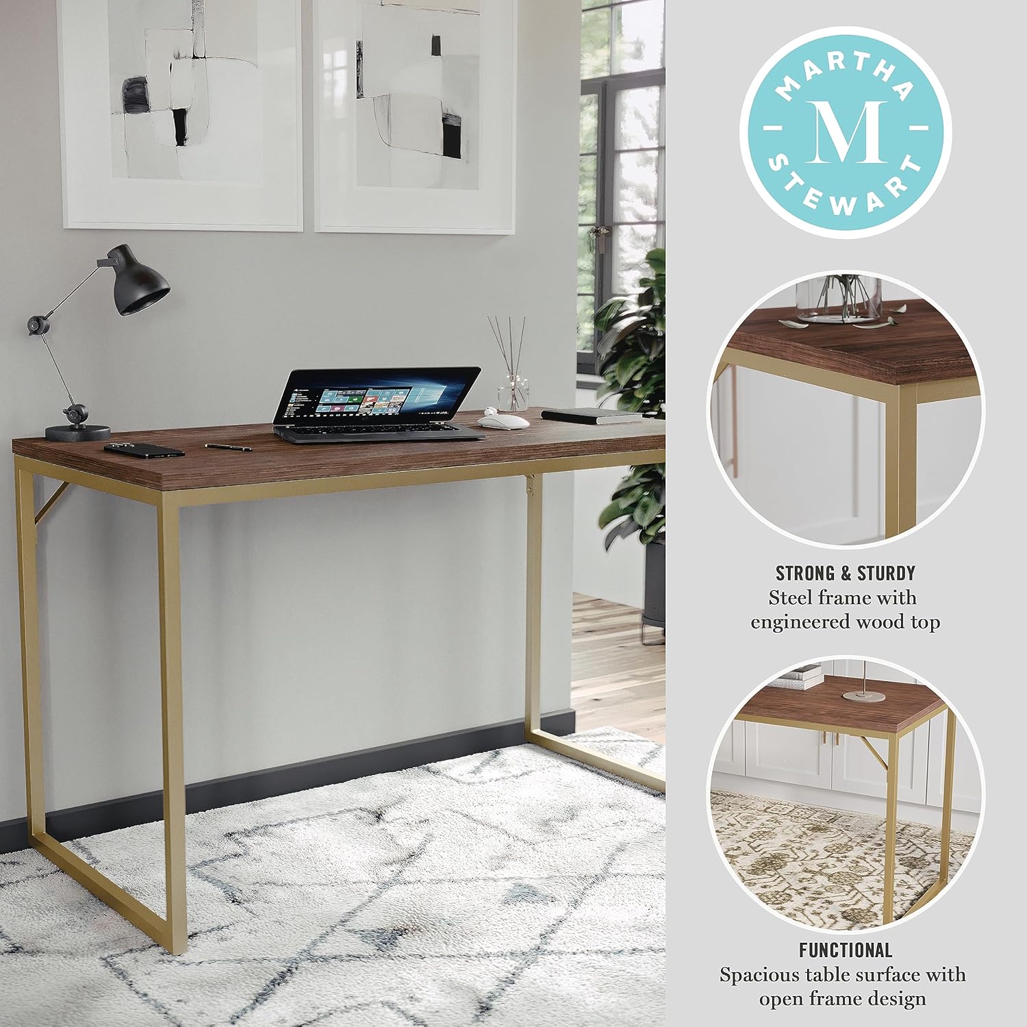 Martha Stewart Noah Home Office Parsons Escritorio en madera de nogal con marco de metal de latón pulido
