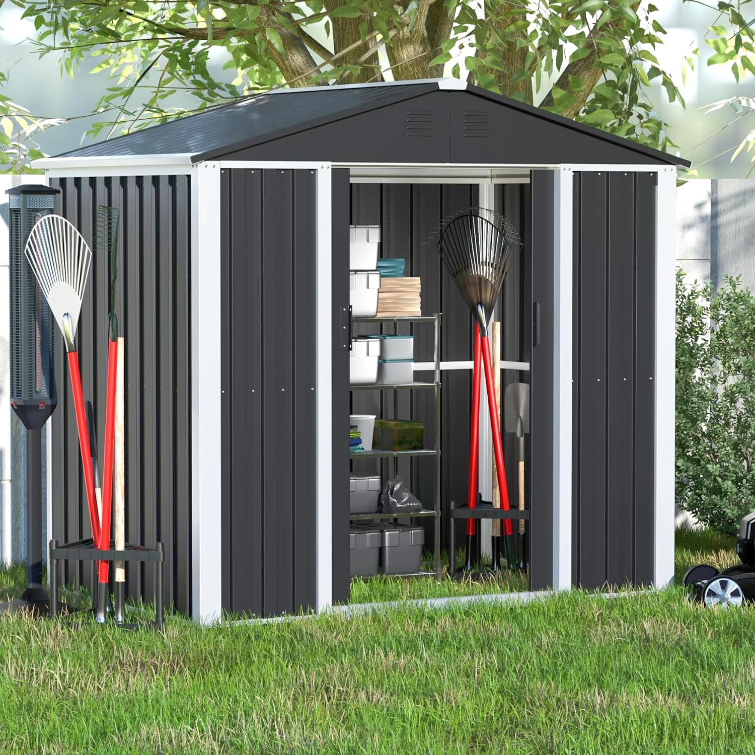 Cobertizo de almacenamiento de metal para exteriores con puerta, 6 x 4 pies, cobertizo de almacenamiento de herramientas de jardín de acero