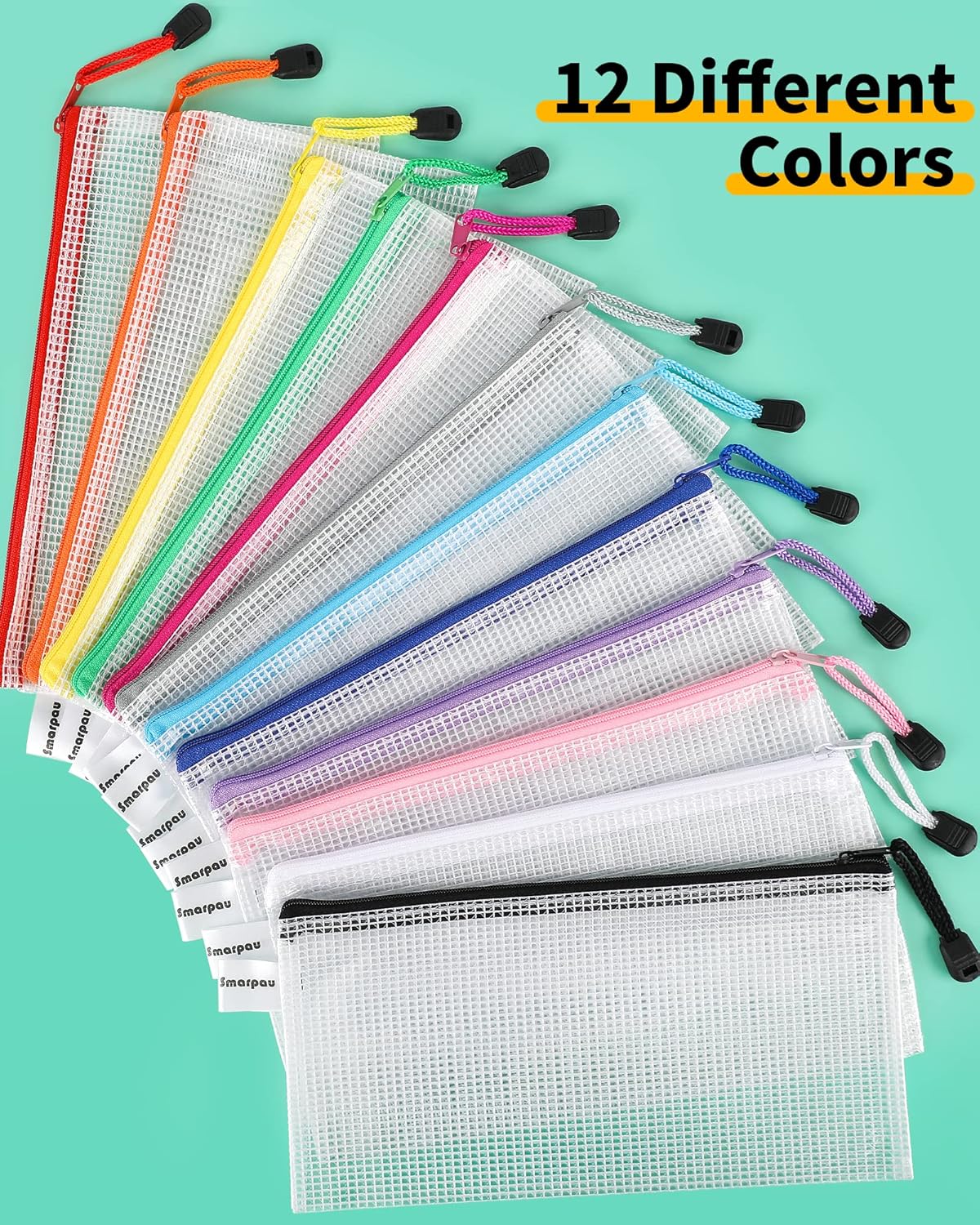 Smarpau Paquete de 96 bolsas para lápices, 12 colores de 9.3 x 4.7 pulgadas, pequeñas bolsas de malla con cremallera, estuche transparente