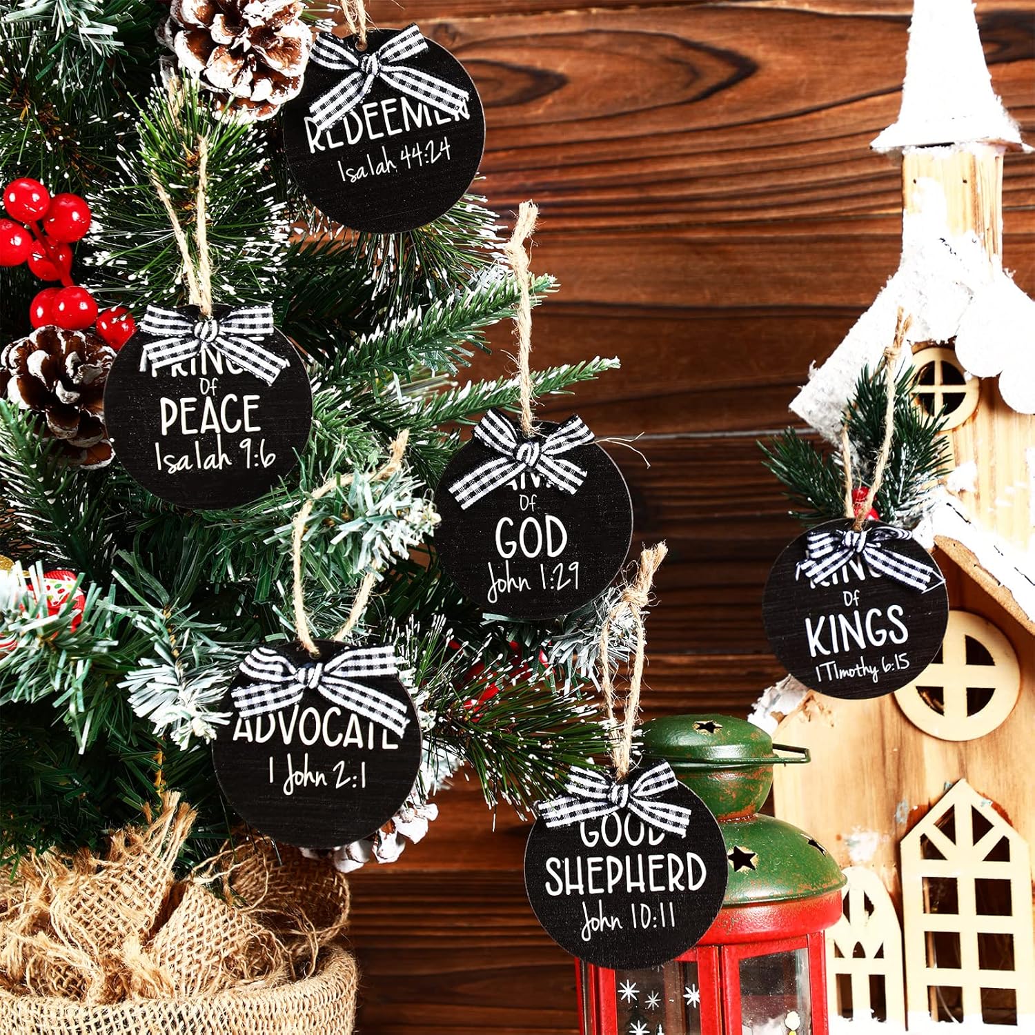12 piezas de adornos navideños con nombres de Cristo, adornos colgantes de madera con nombres de salvador, adorno para árbol de Navidad con bolsa de