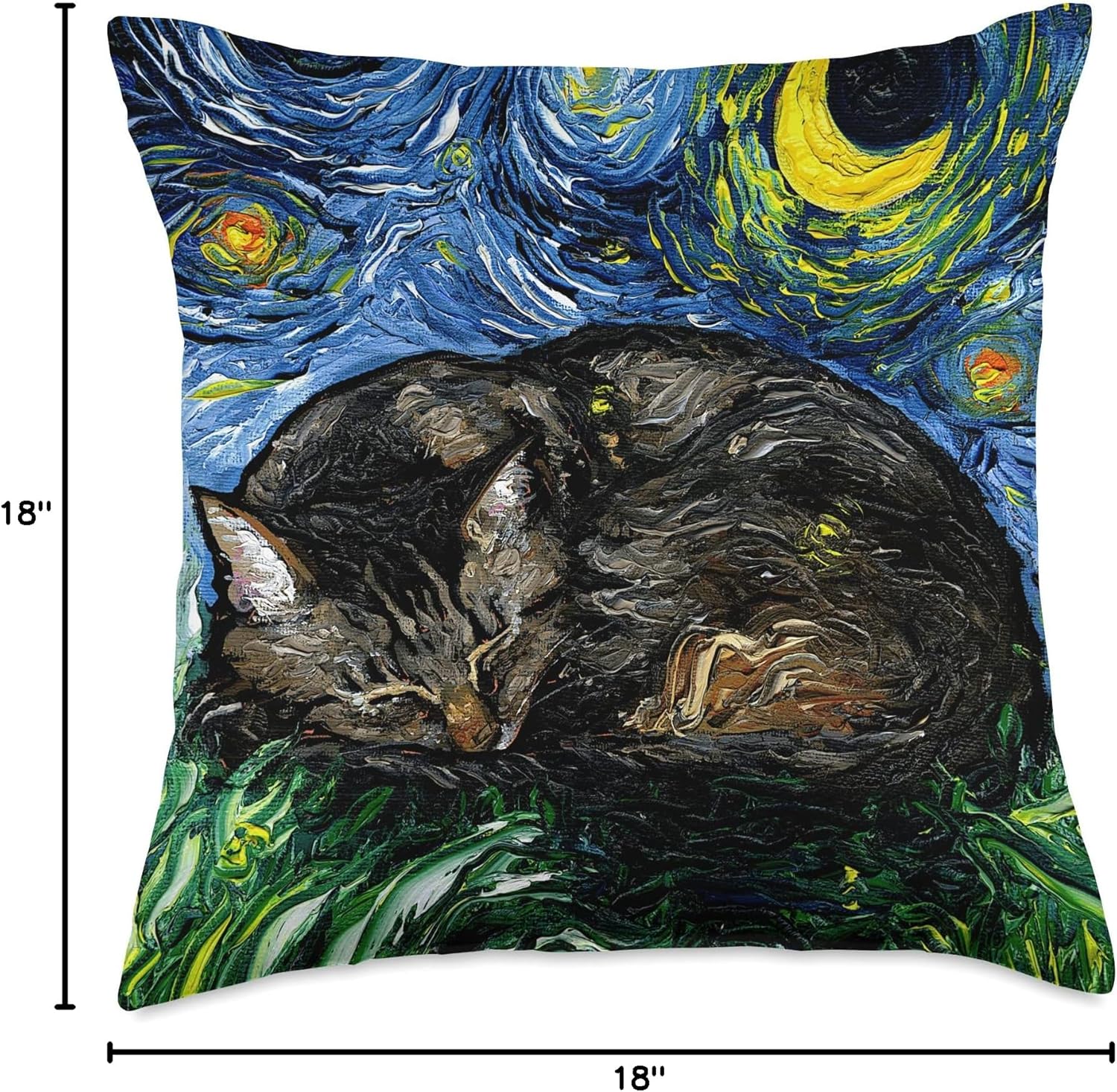 Aja Throw Pillow – Arte de noche estrellada de gato de color marrón durmiendo, 18 x 18 pulgadas, multicolor