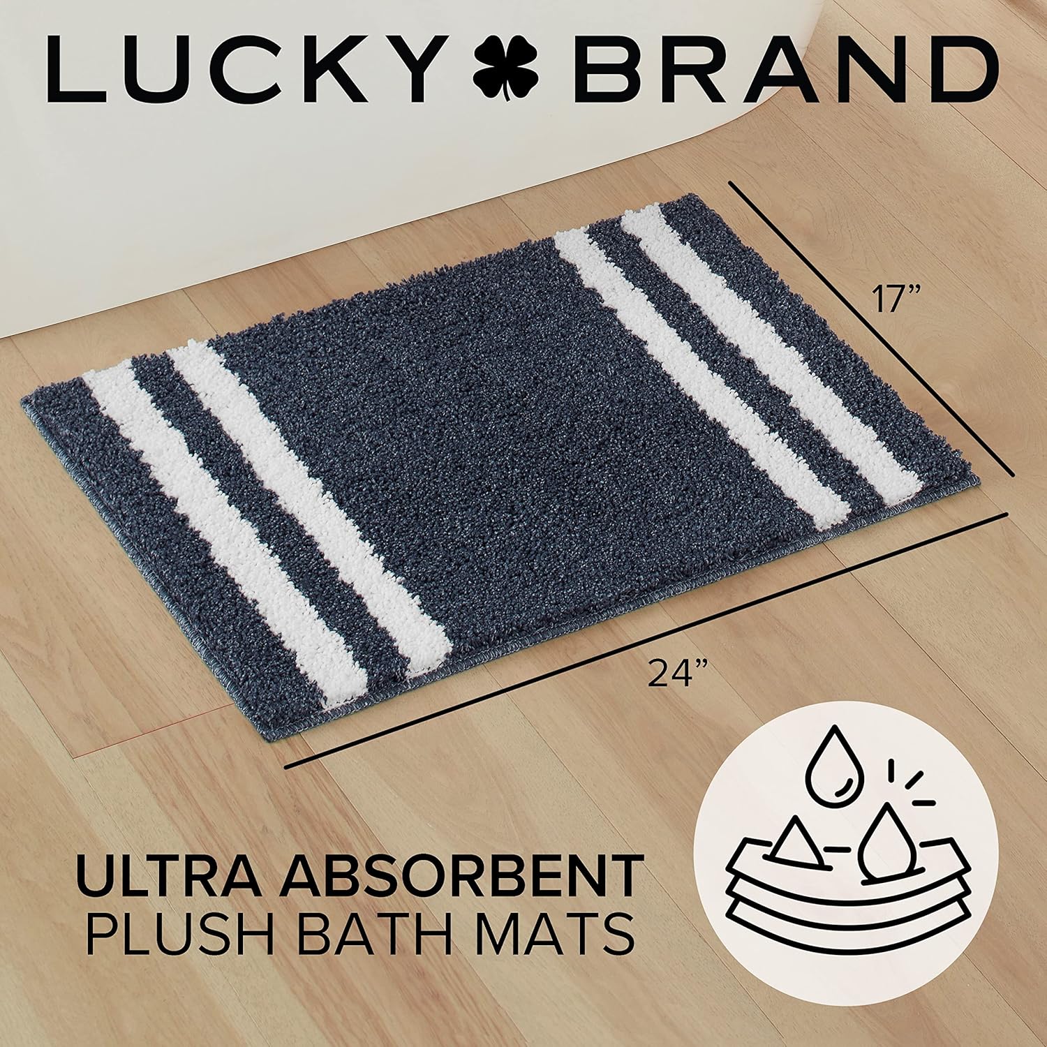 Lucky Brand Harden – Tapete de baño jaspeado a rayas, 17 x 24 pulgadas, azul marino