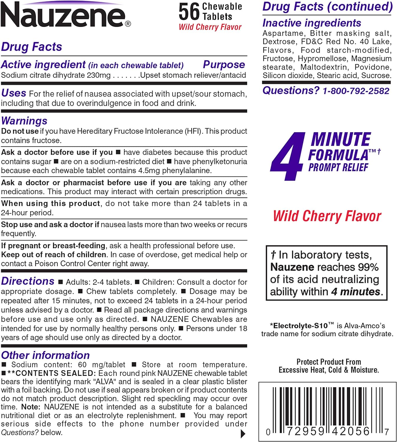 Nauzene – Alivio del malestar estomacal y las náuseas sin somnolencia – Tabletas masticables con sabor a cereza silvestre – 56 unidades