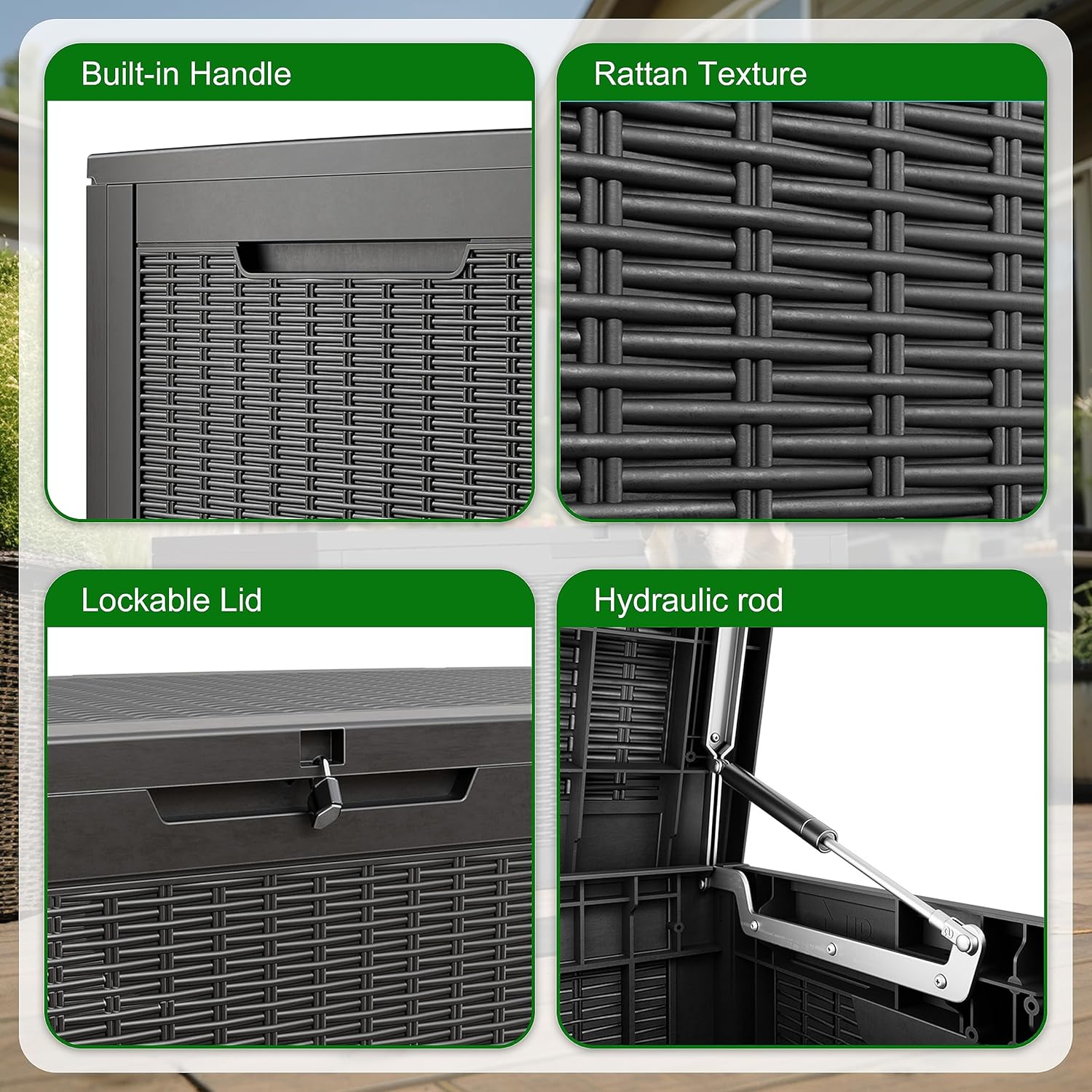 Caja de mimbre de 100 galones, contenedor de almacenamiento impermeable con cerradura para accesorios de piscina, muebles de patio, cojines,