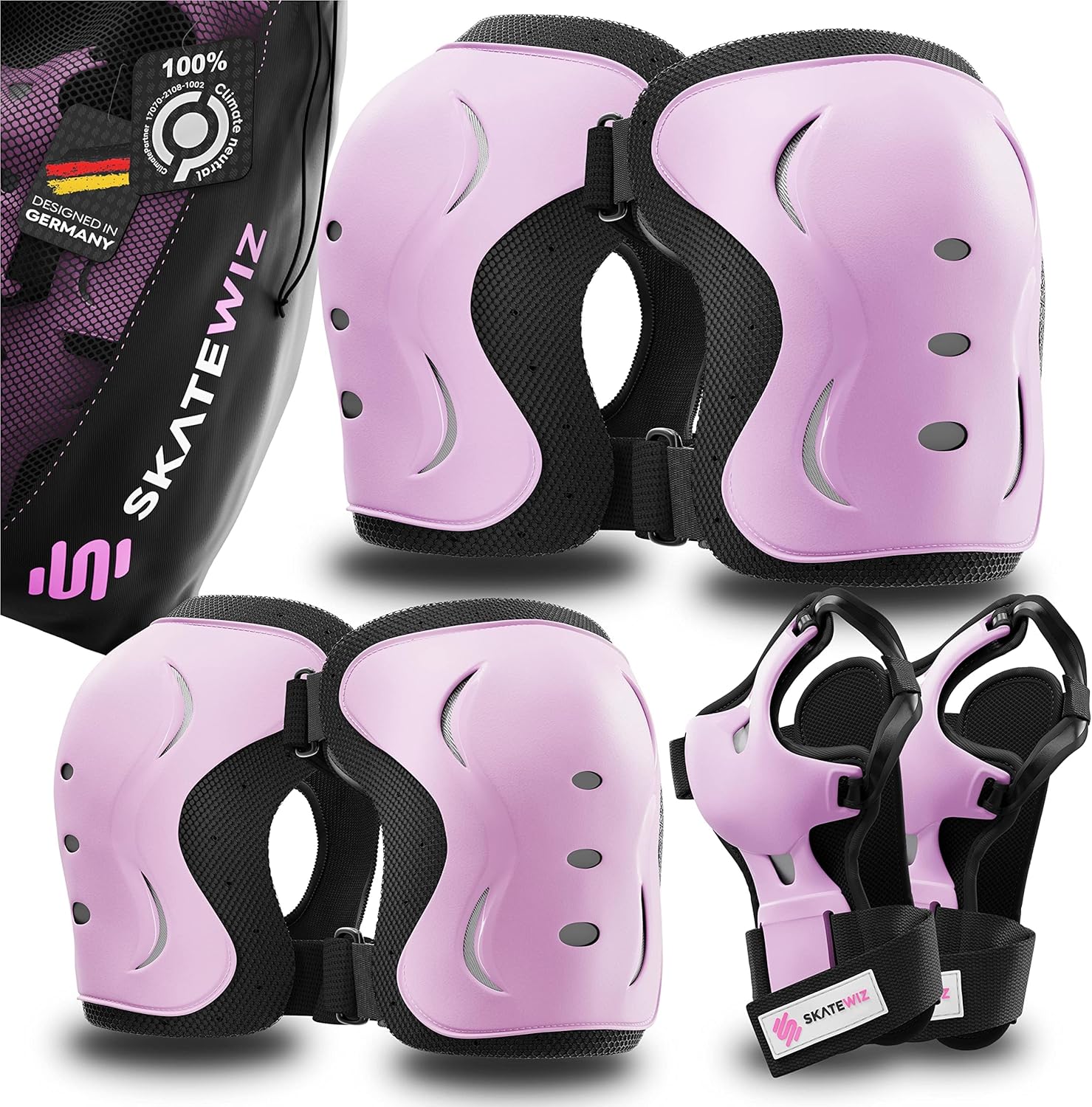 SKATEWIZ Juego de rodilleras y coderas para niños y muñequeras para patinaje sobre ruedas 6 piezas, equipo de protección para adultos y niños,