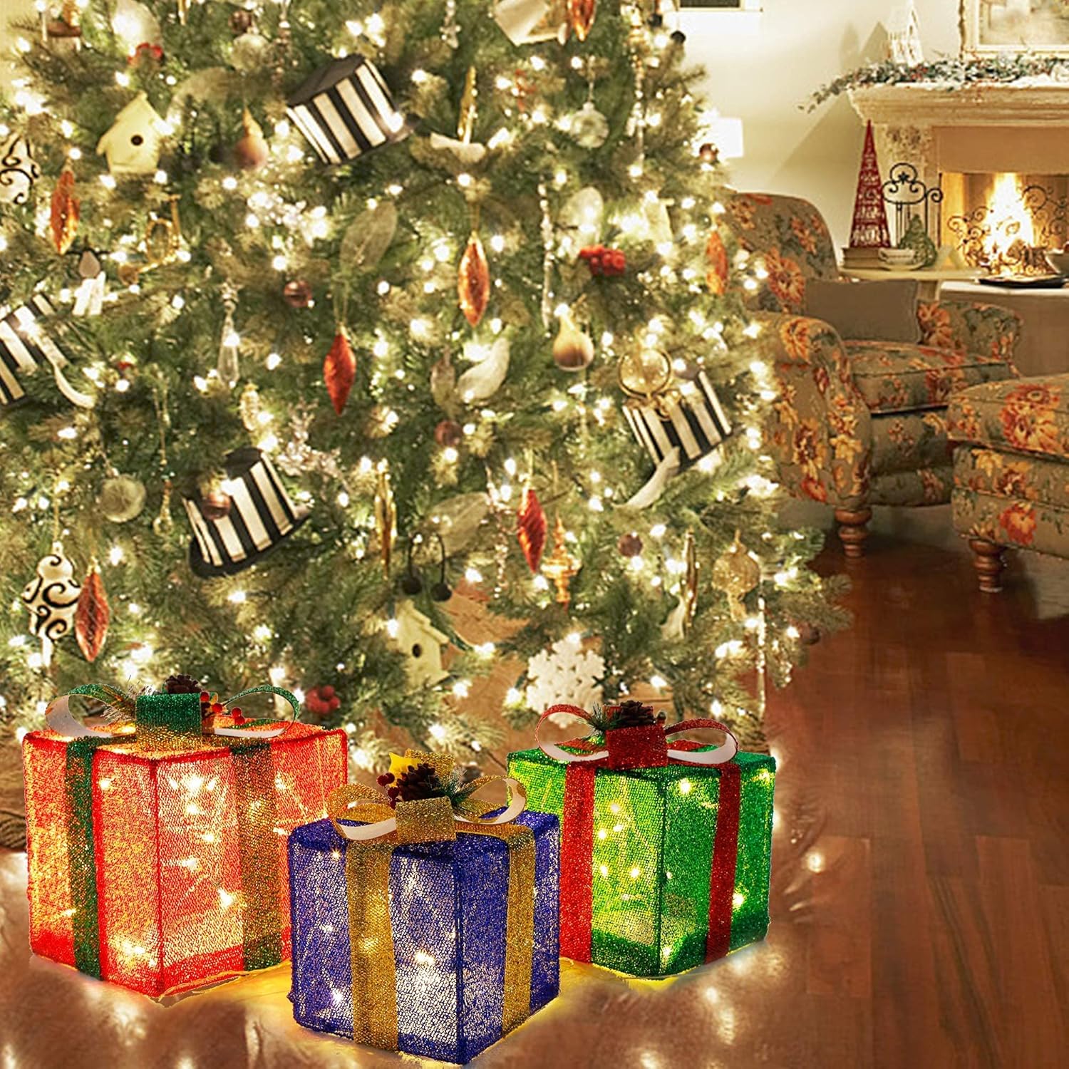 Twinkle Star Juego de 3 cajas de regalo de Navidad iluminadas, caja de regalo de oropel, 60 luces LED preiluminadas, adorno de falda de árbol,