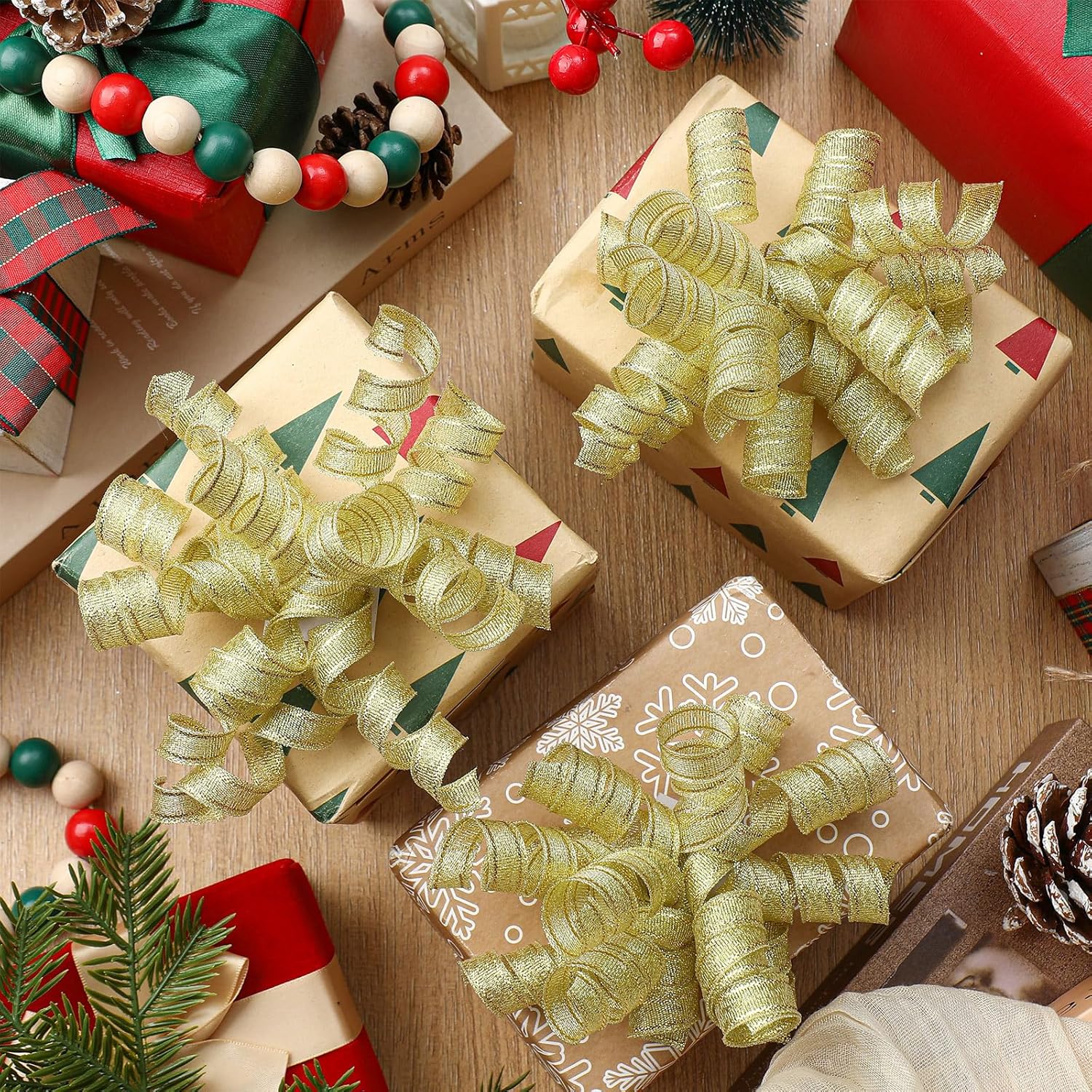 Xinnun 24 lazos para envoltura de regalos, lazo rizado de Navidad de 6 pulgadas, lazos de regalo autoadhesivos con purpurina para manualidades,