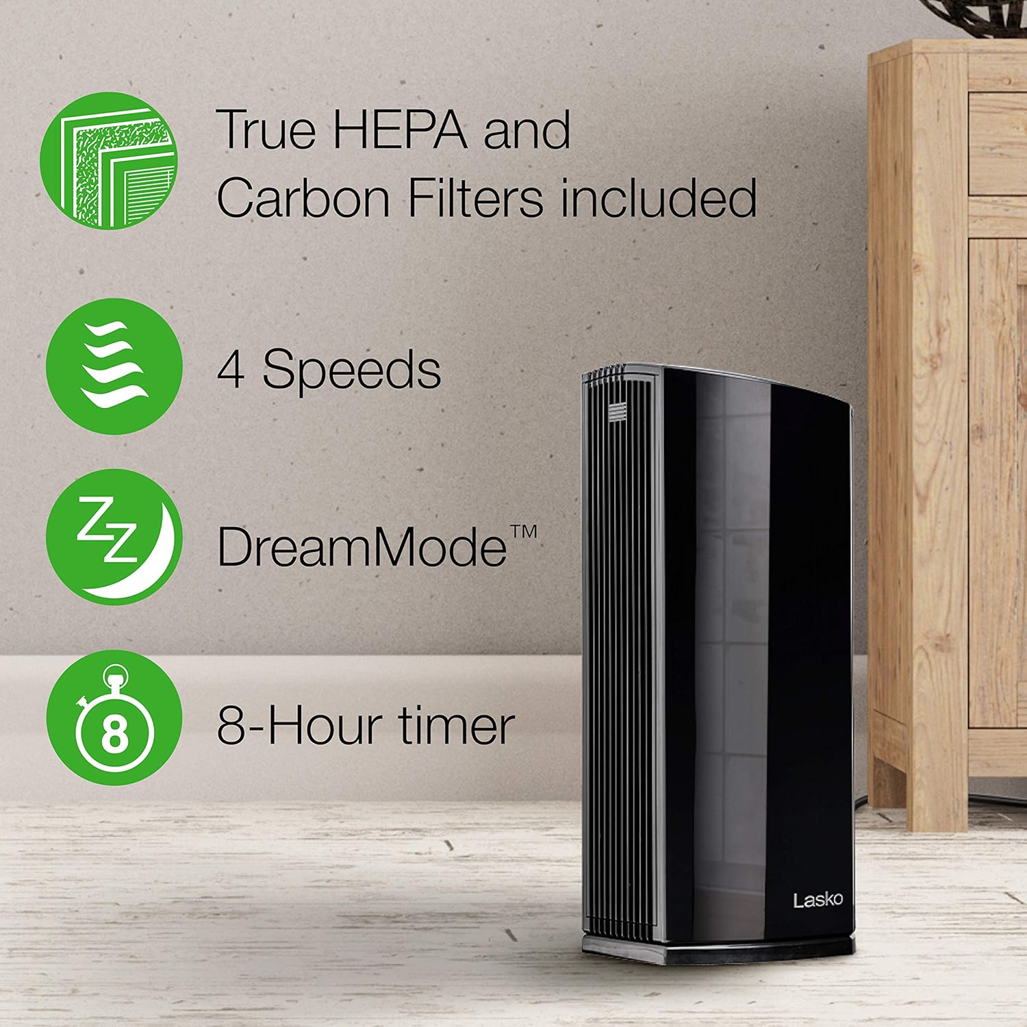 Lasko LP450 – Purificador de aire de torre HEPA prémium para el hogar con DreamMode y temporizador la filtración HEPA verdadera elimina el 99.97%