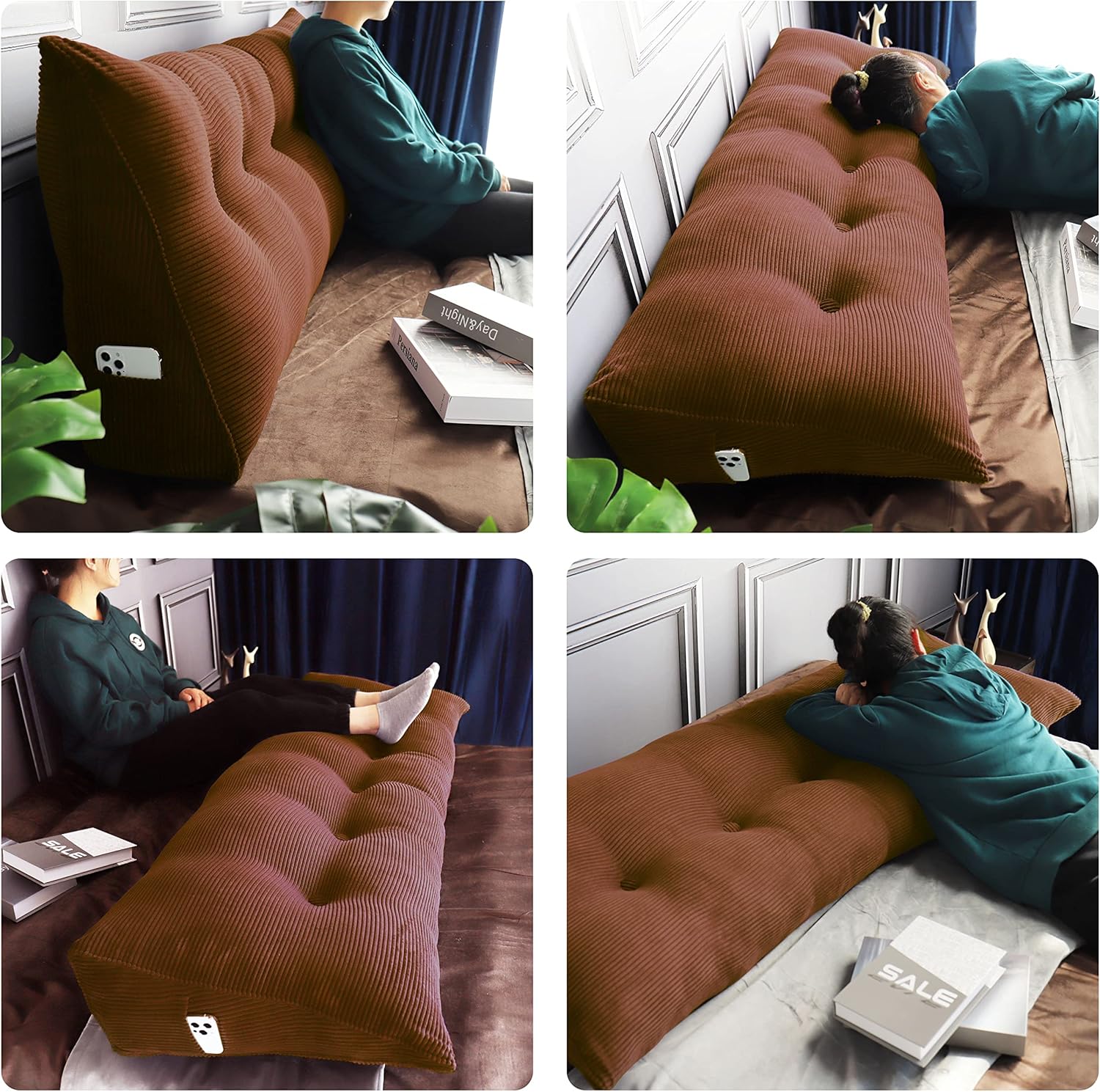 Cojín triangular Vercart para cama y sofá en forma de cuña, para apoyar la espalda, para leer, soporte lumbar, con funda removible.