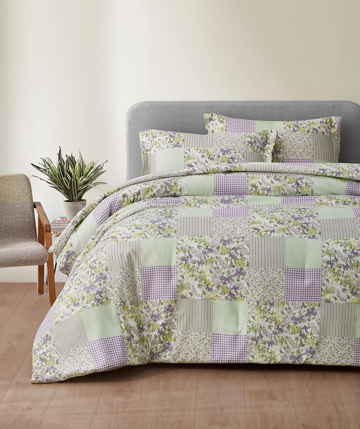 Chezmoi Collection Daisy – Juego de edredón de retazos estampado de 3 piezas, diseño a rayas de caramelo botánico de mariposa morada, a cuadros,