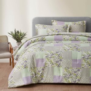 Chezmoi Collection Daisy – Juego de edredón de retazos estampado de 3 piezas, diseño a rayas de caramelo botánico de mariposa morada, a cuadros, Chezmoi Collection Daisy – Juego de edredón de retazos estampado de 3 piezas, diseño a rayas de caramelo botánico de mariposa morada, a cuadros,