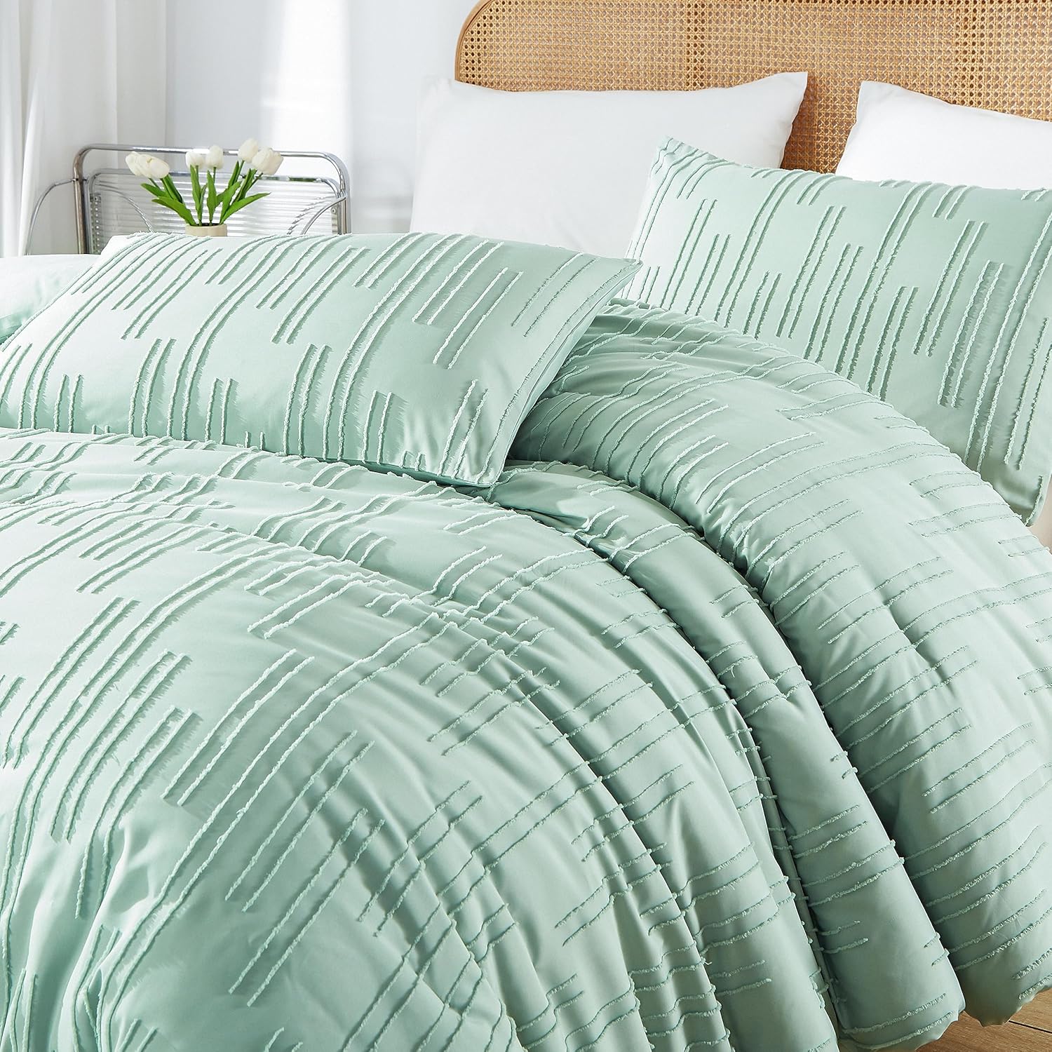 Juego de edredón de tamaño Queen de color verde salvia, para cama Queen, estilo rústico, bohemio, esponjoso, ligero, con flores, plantas, para todas