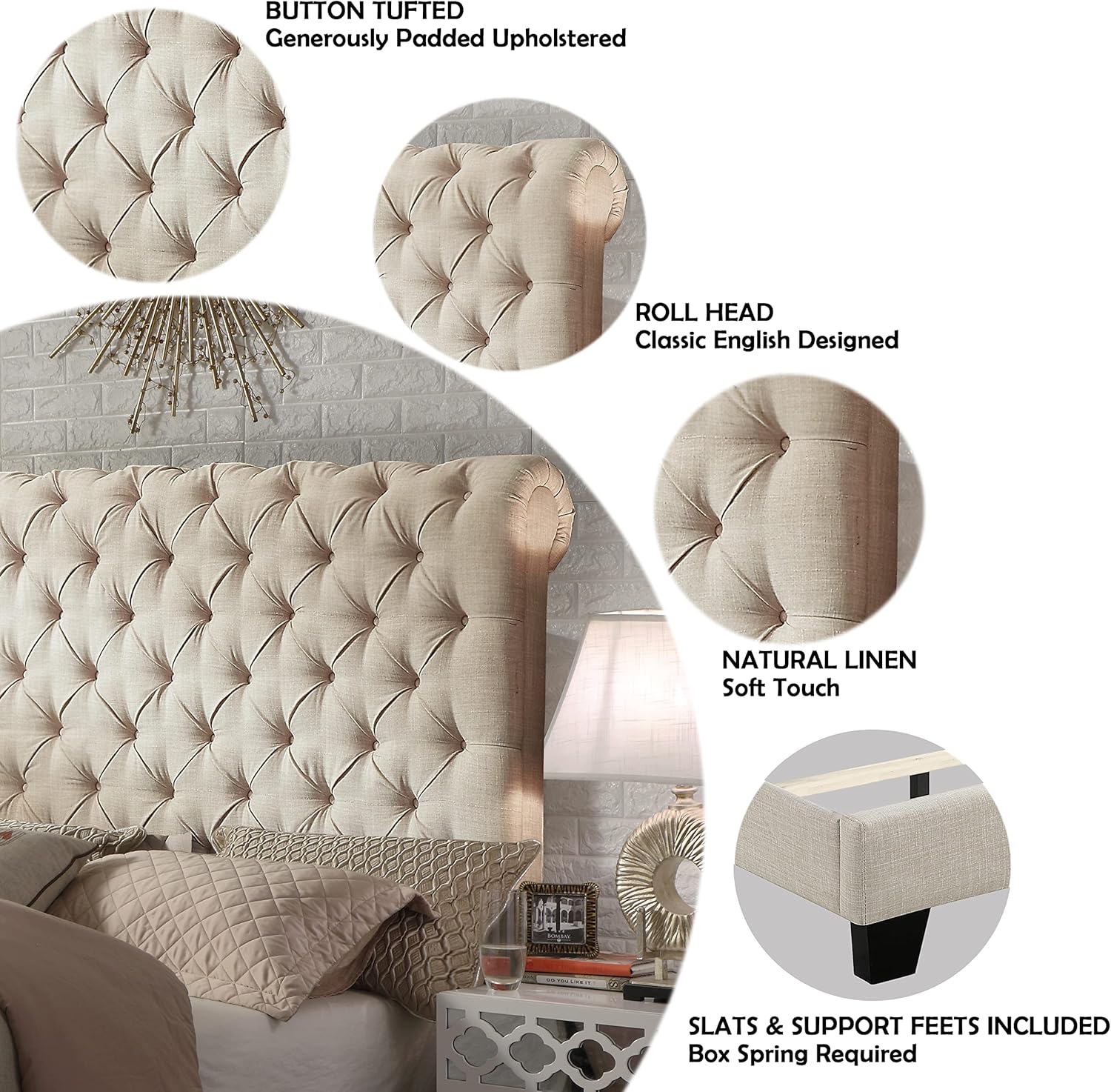 Rosevera Corrine – Base de cama tapizada con cabecero acolchado con botones, cabecera ajustable, cabecera enrollada, soporte de listones de madera,