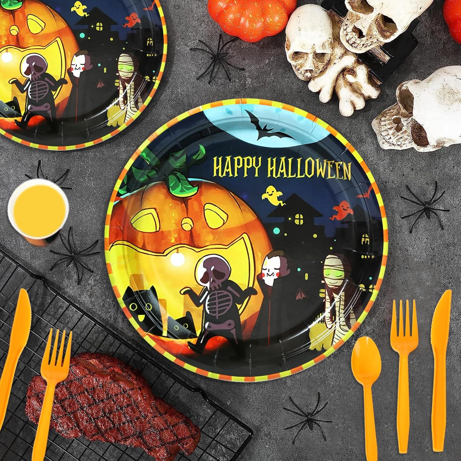 150 piezas de suministros para fiesta de Halloween, decoraciones de fiesta de Halloween (sirve 25), juego de vajilla desechable para niños, incluye
