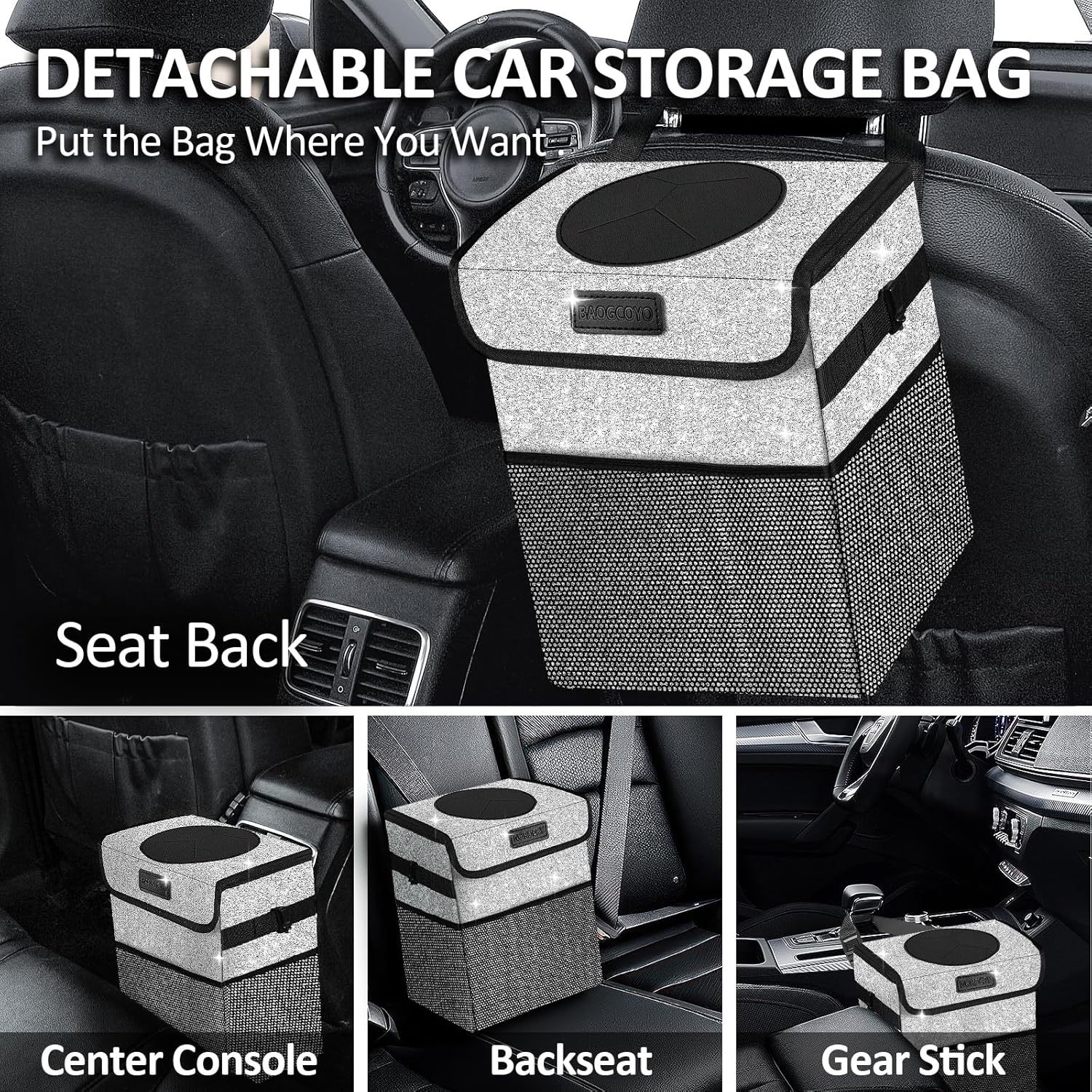 Bote de basura para automóvil, bonita bolsa de basura para automóvil con tapa, cubo de basura con purpurina para colgar para asiento trasero,